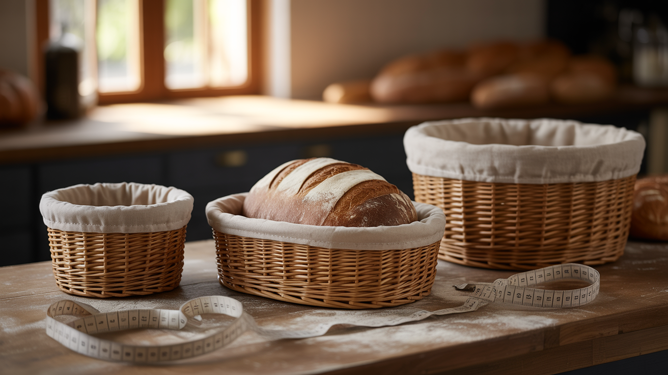 Three rattan banneton proofing baskets of different sizes on a rustic wooden counter with measuring tape