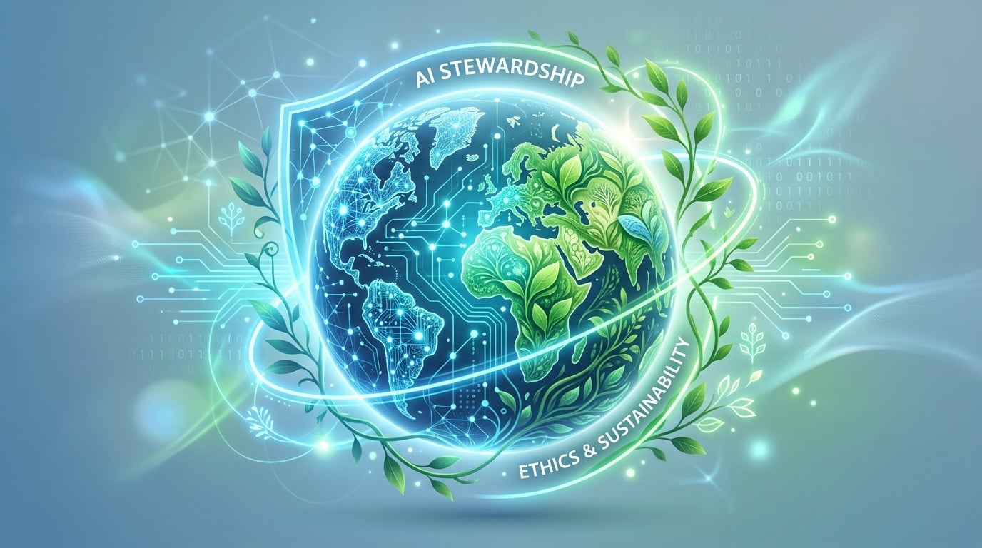 Abstract visualization of AI ethics blending technology with environmental responsibility