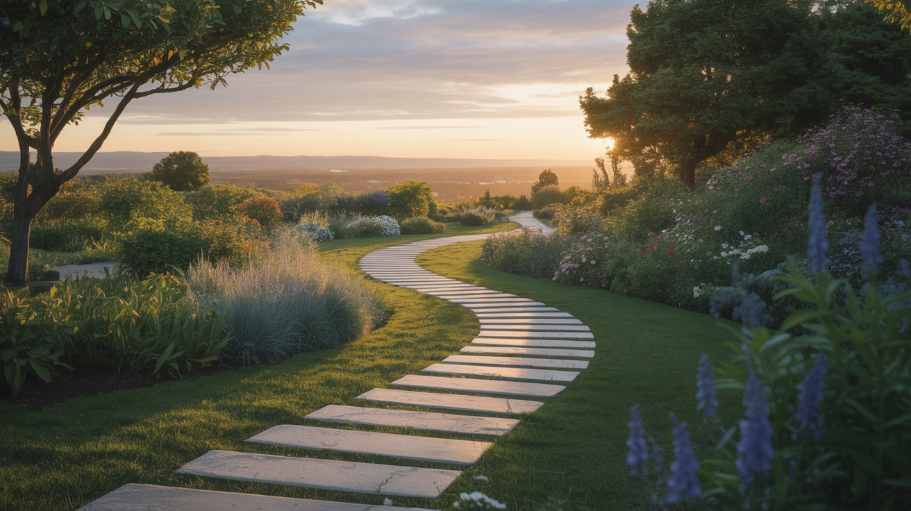 Peaceful garden pathway leading to a bright horizon, symbolizing the journey of personal growth