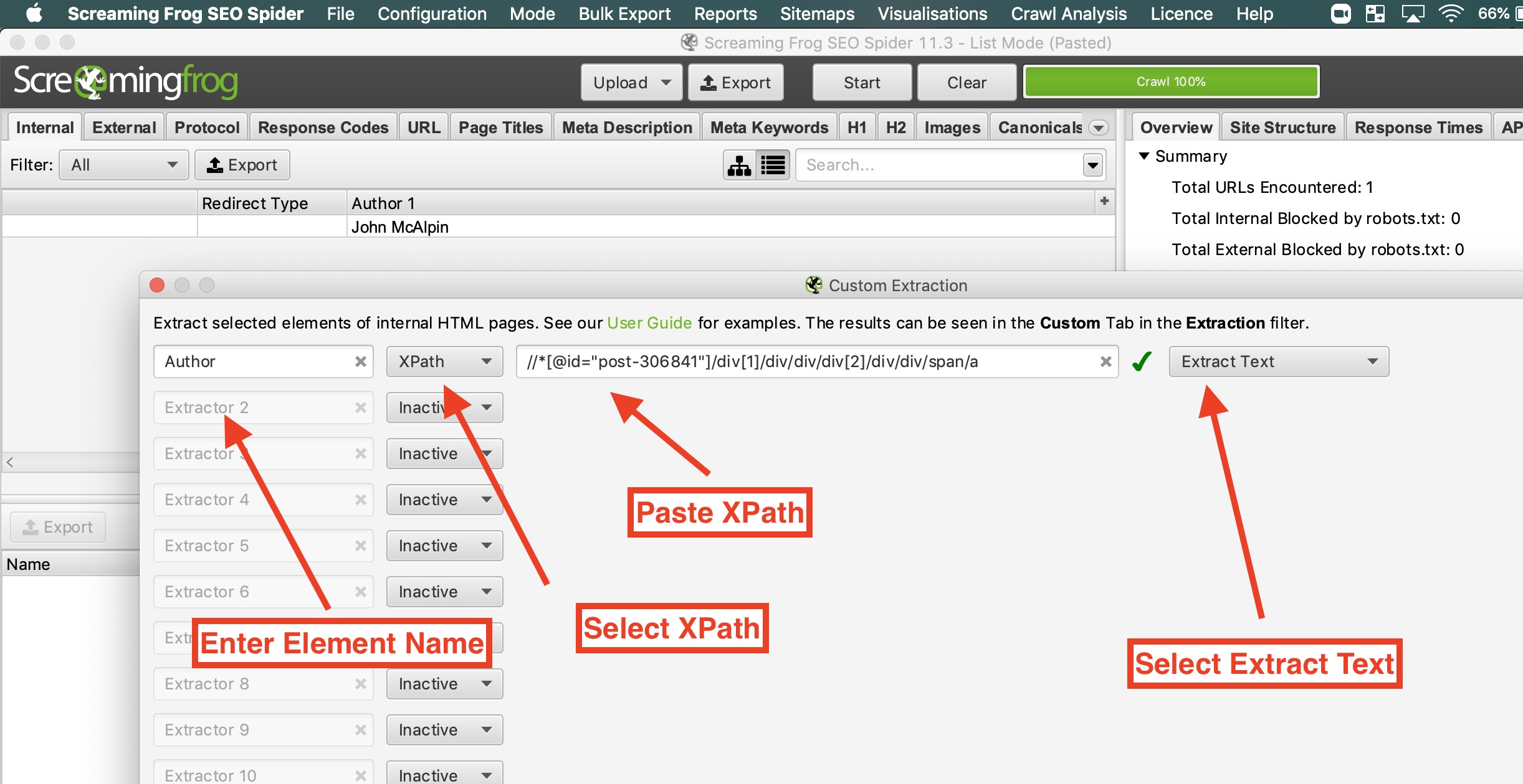 Custom extraction interface showing XPath configuration for scraping specific data elements from website source code
