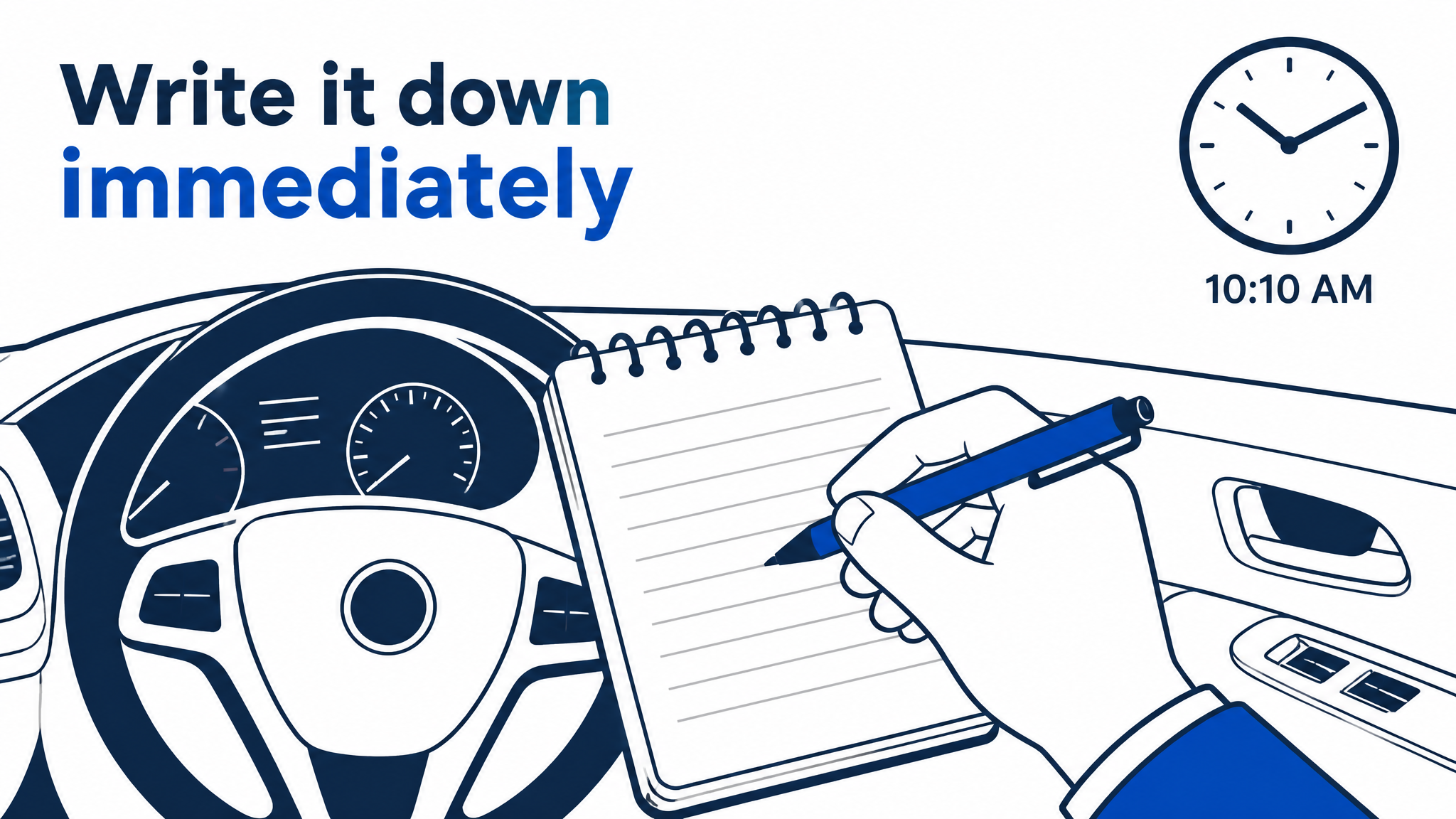Flat infographic of a hand writing exam notes on a notepad inside a car with a clock recording the time