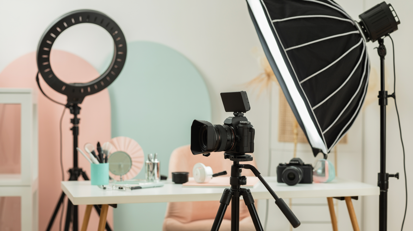 Professional content creation setup with camera, ring lights, and creative workspace