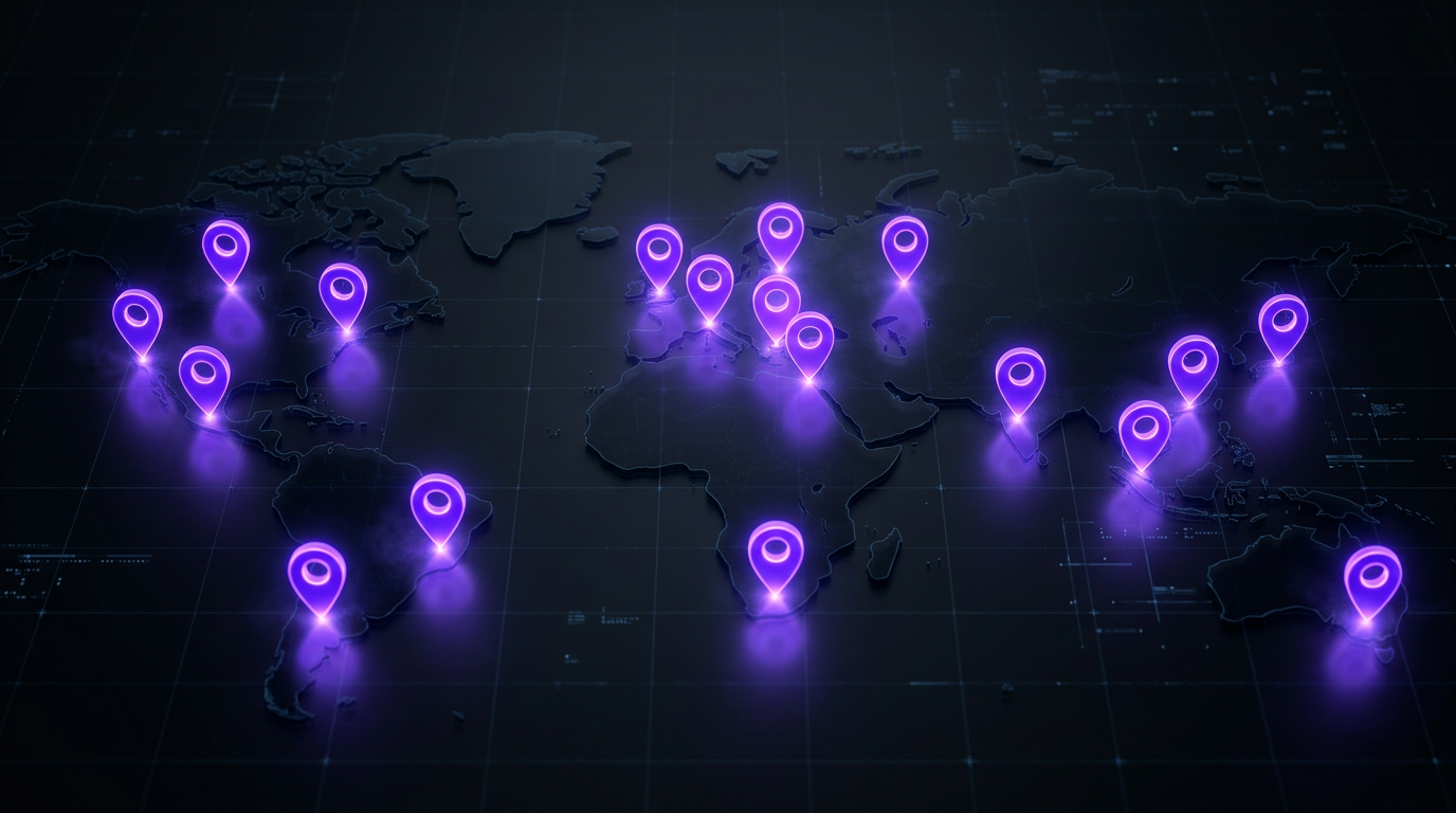 Multiple brightly glowing violet map-pin markers spread across an abstract dark map grid, each pin lit, representing many branch locations each ranking first in its own city