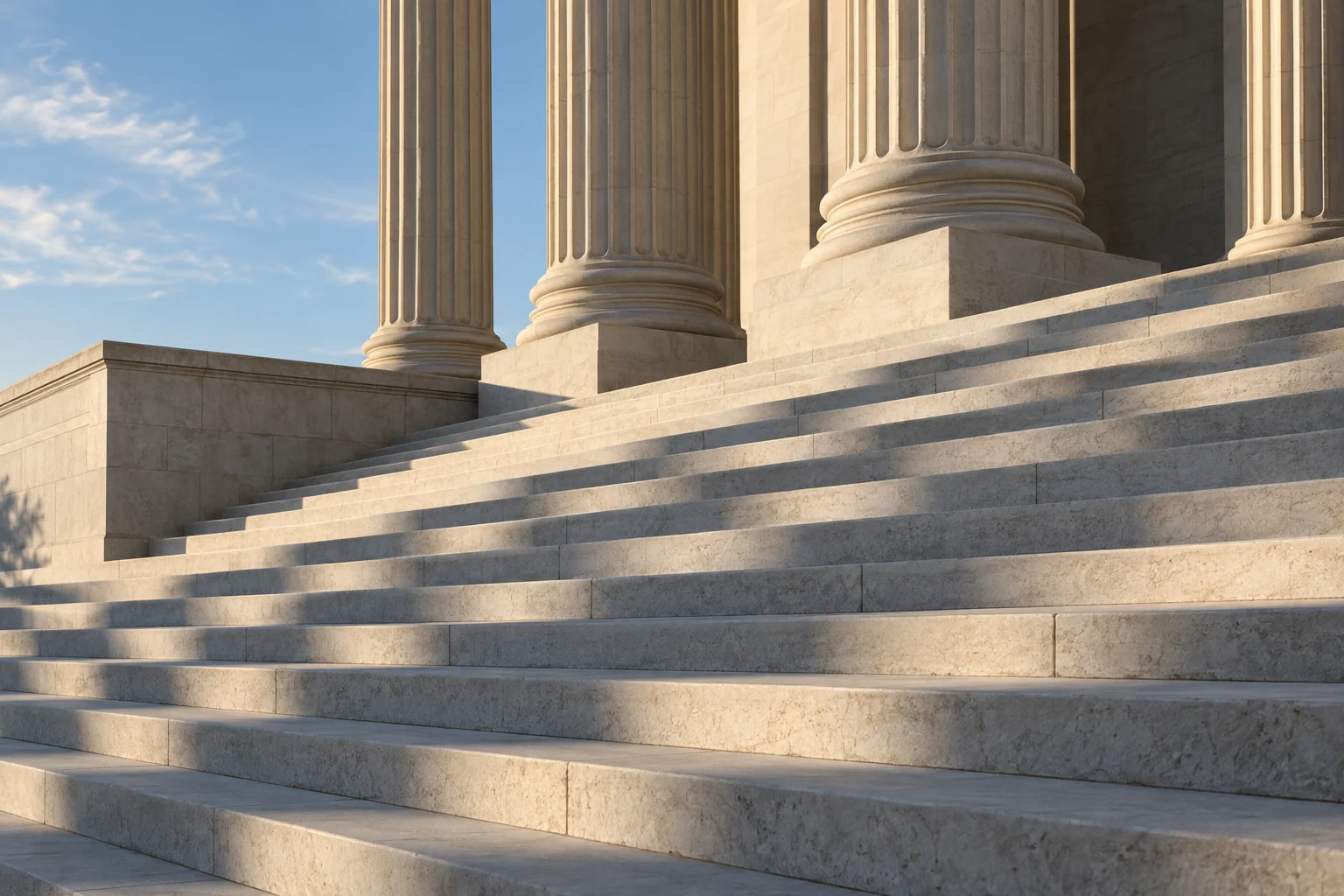 Sunlight across pale stone courthouse steps