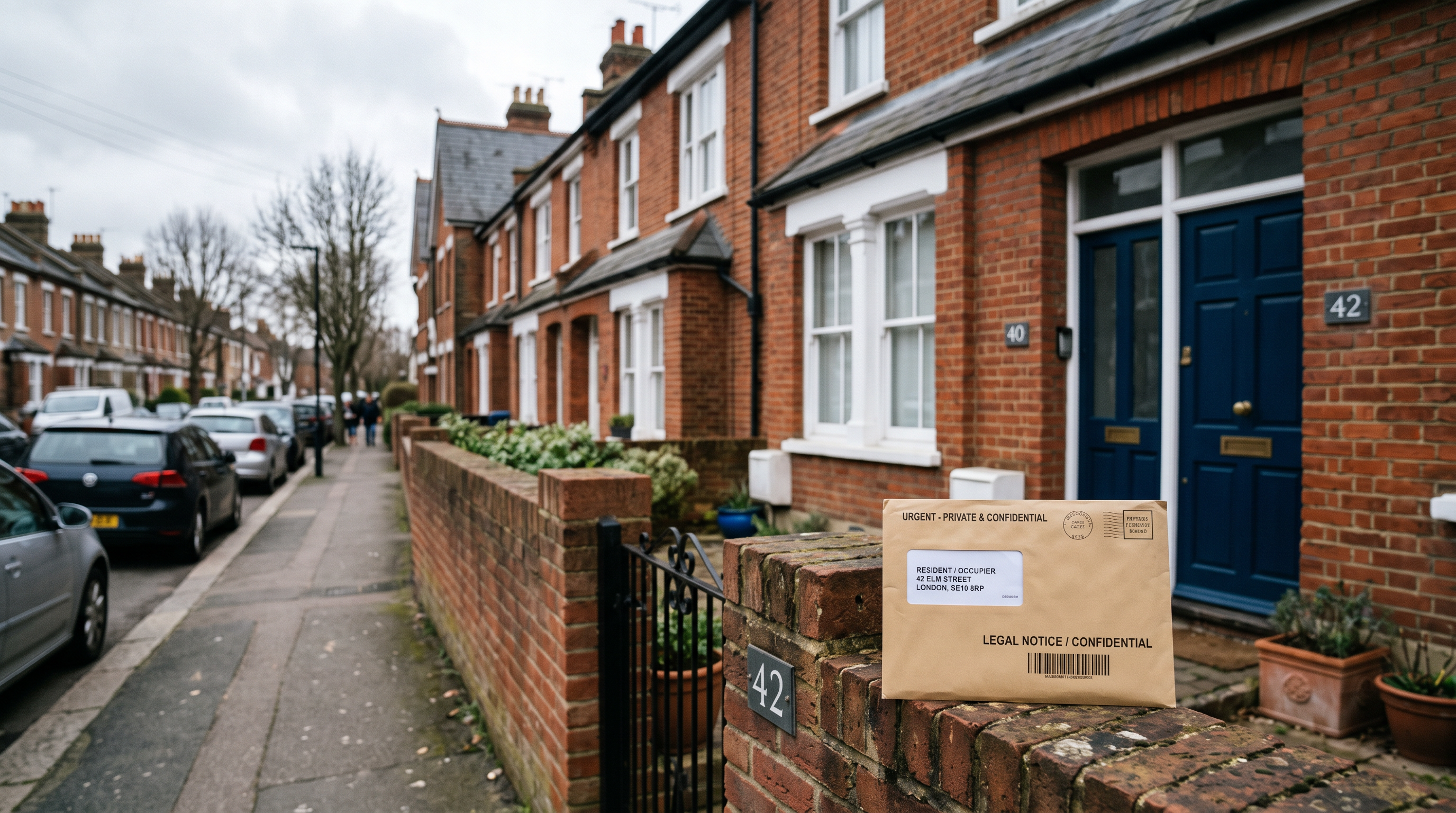 UK terraced house exterior with a formal legal notice in the foreground