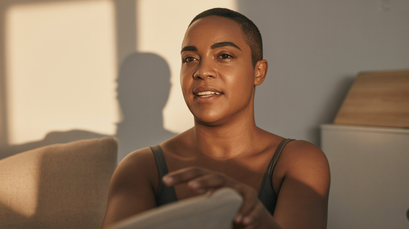 Confident LGBTQI+ person in supportive therapy setting demonstrating assertive communication