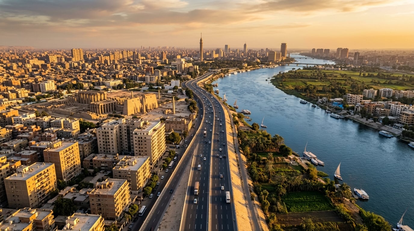 Aerial view of a modern highway running alongside the Nile with Egyptian cities in golden light