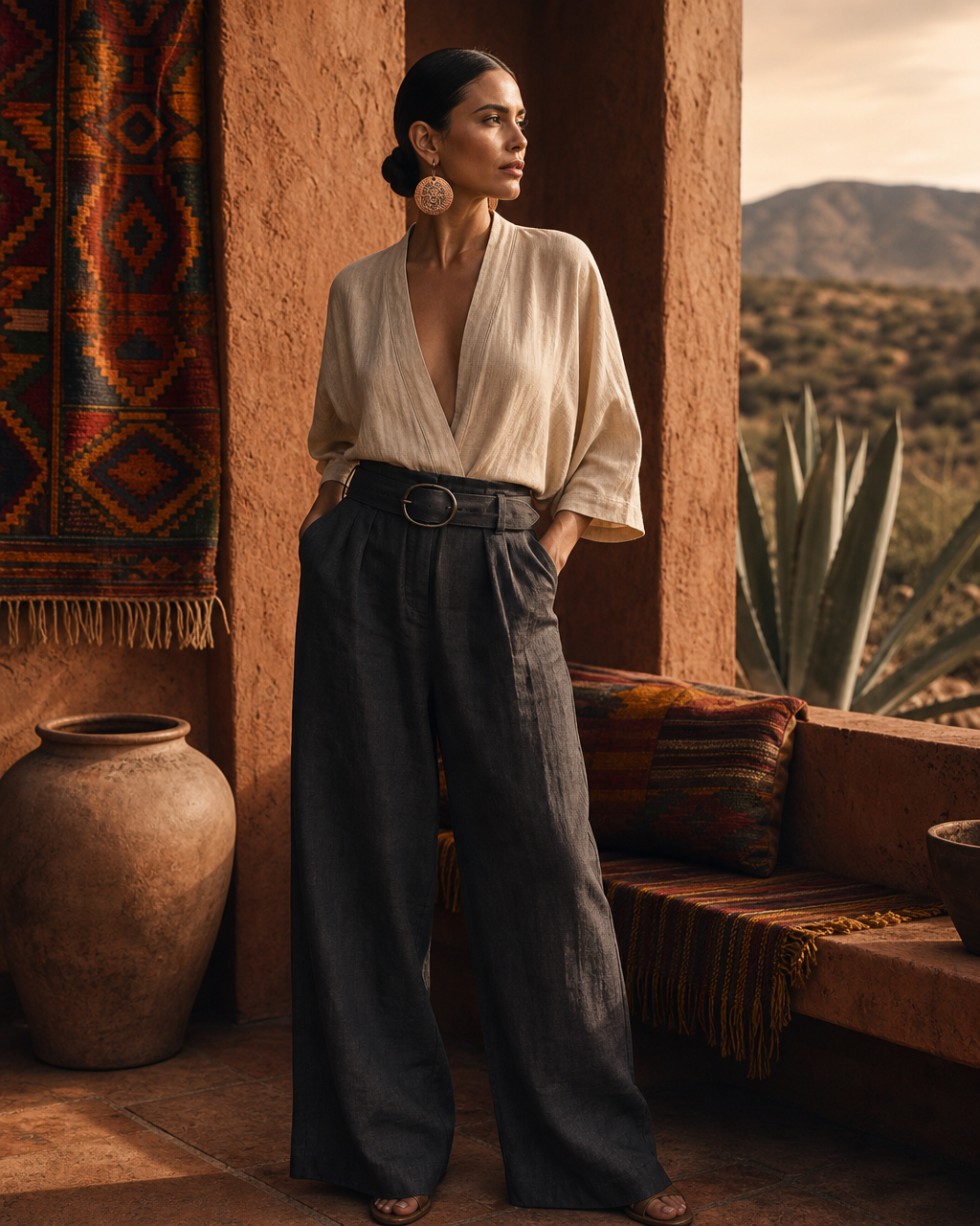 Model wearing the Oaxaca Coin earrings in a Mexican courtyard
