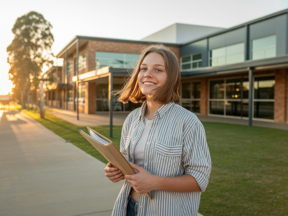 A hopeful young adult at a transition milestone, confidently stepping forward into new opportunities