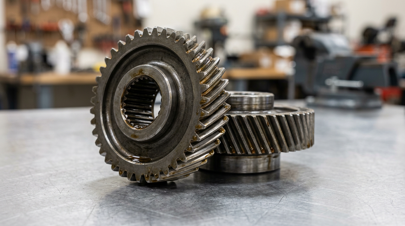 Close-up macro photo of a MerCruiser Bravo upper unit gear set showing precise gear teeth on a workbench