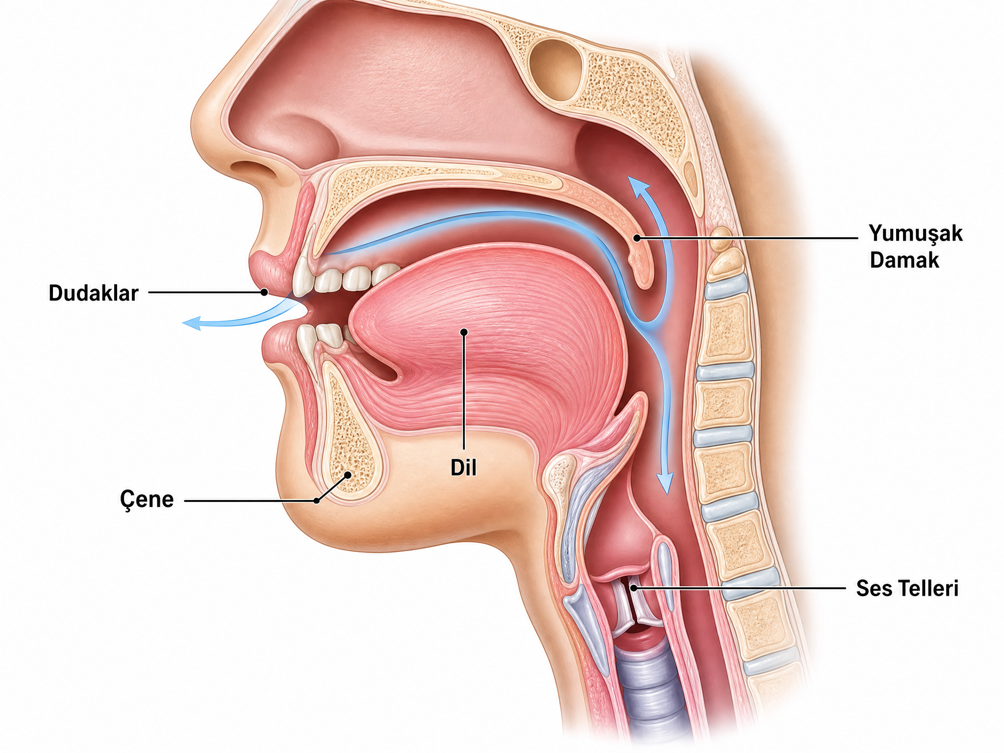 Konuşma organlarının anatomik gösterimi - dudaklar, dil, çene, yumuşak damak ve ses tellerinin etiketli diyagramı