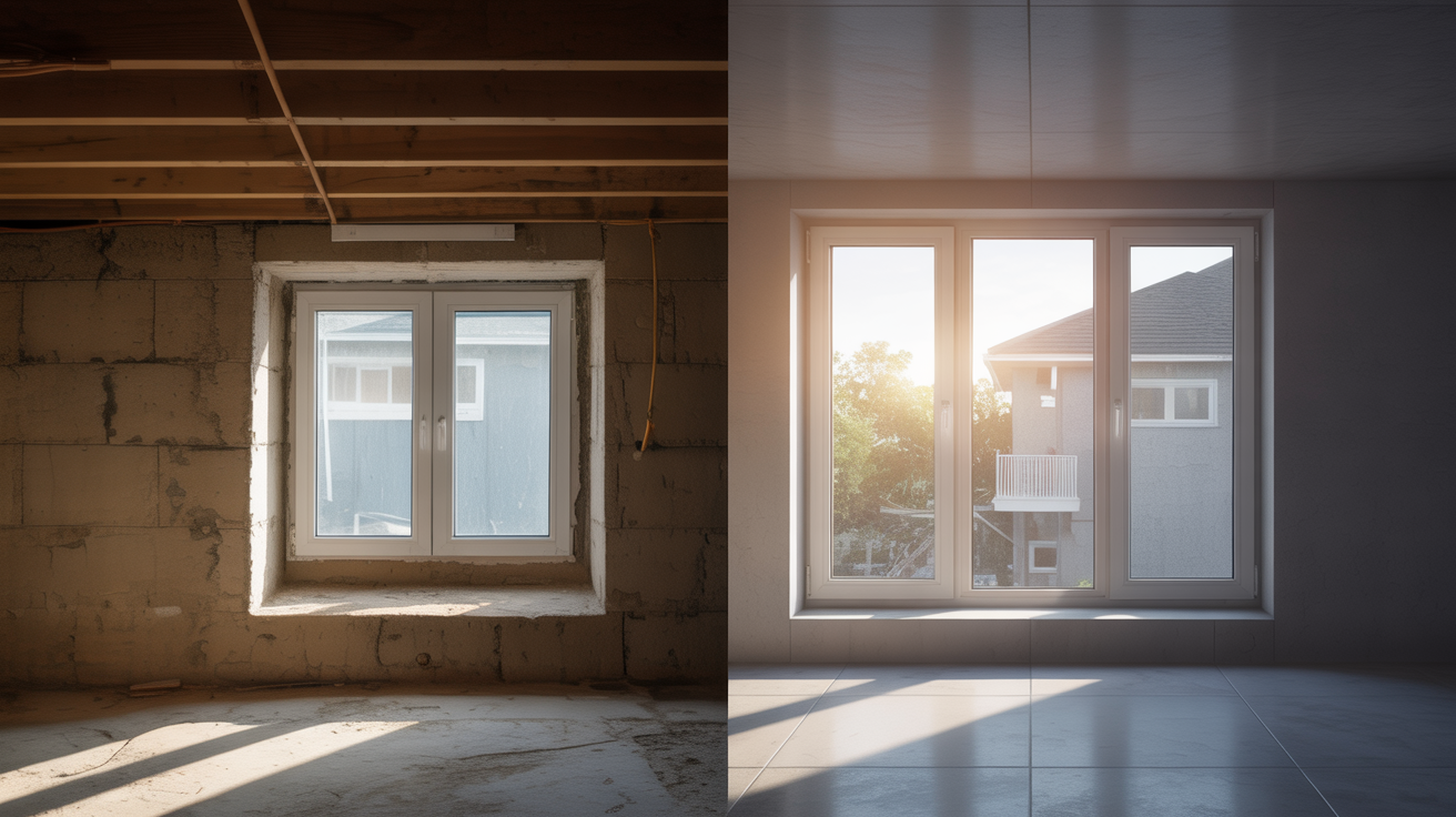 Before and after comparison showing transformation from small basement window to large egress window