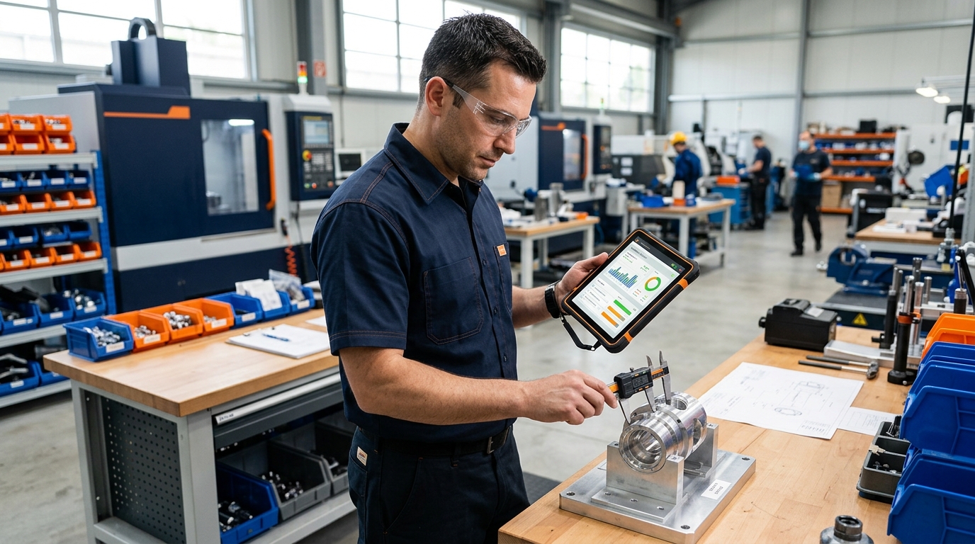 Quality inspector using a digital checklist on a tablet while measuring a metal part in a small shop