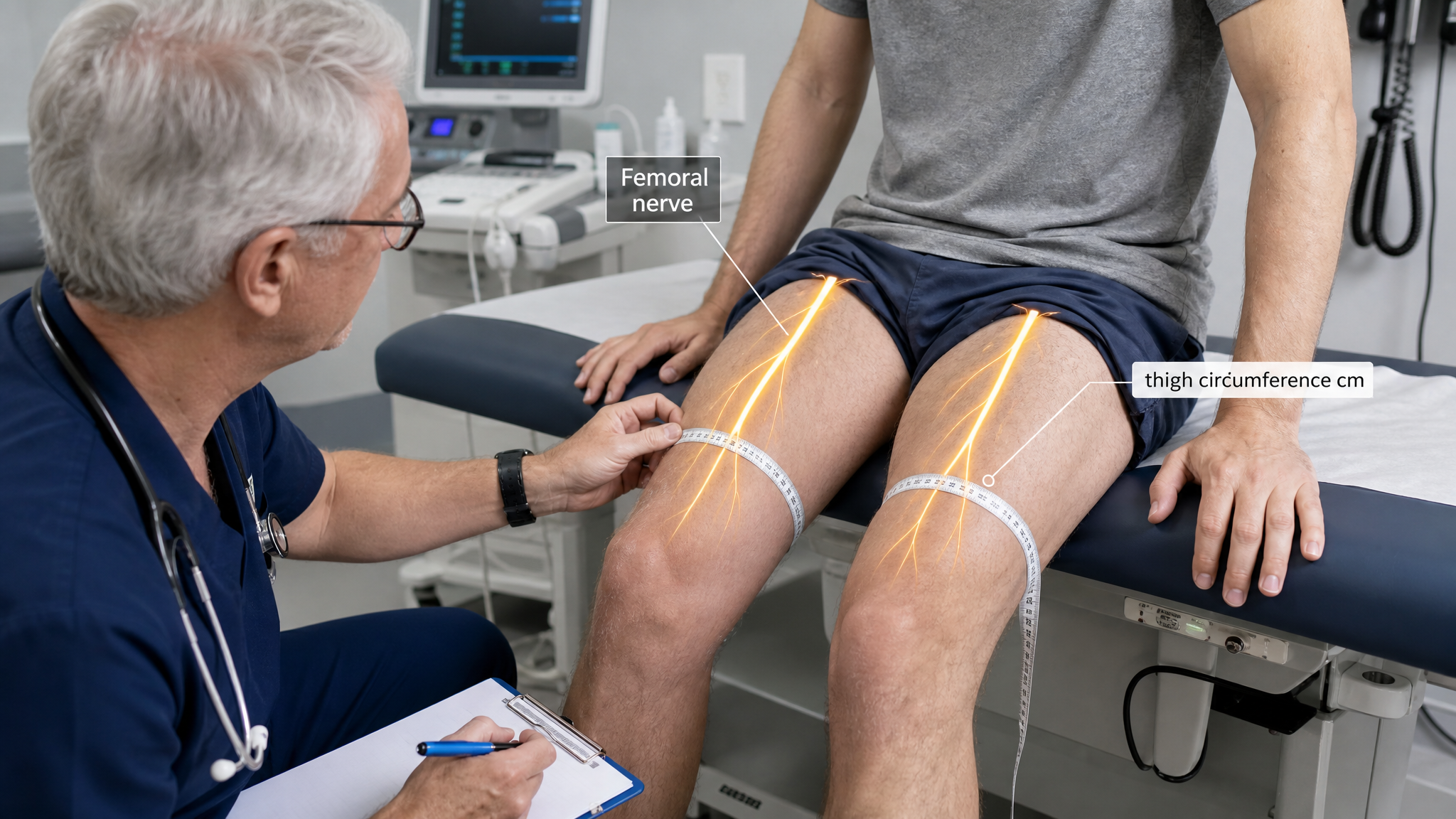 Older white man clinician in his 60s measuring thigh circumference with a tape a set distance above the kneecap on both legs, warm amber femoral-nerve glow with a thigh circumference cm label