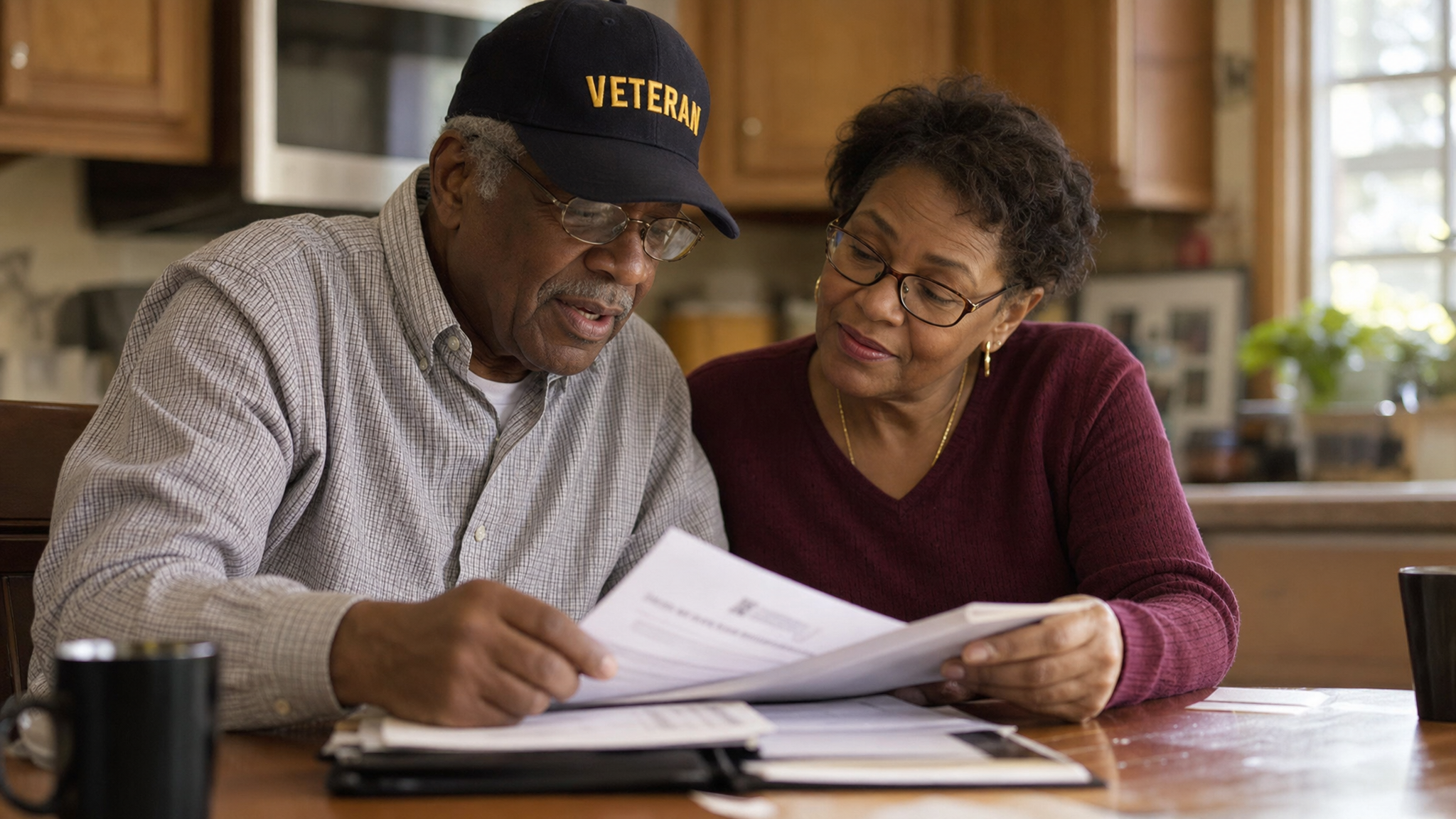 A senior veteran wearing a VETERAN ball cap and his wife sitting together at their kitchen table, going through their important documents and talking