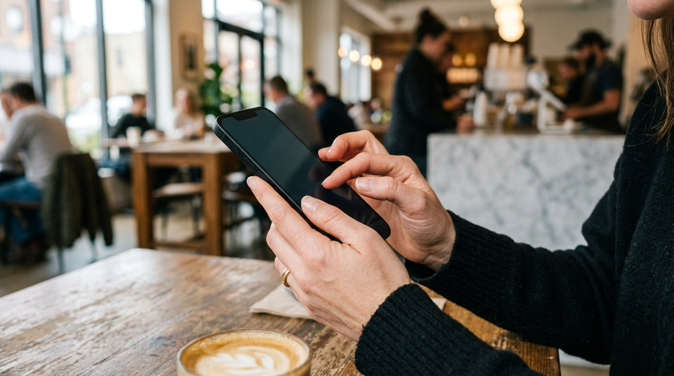 Pessoa utilizando um aplicativo em smartphone em ambiente moderno