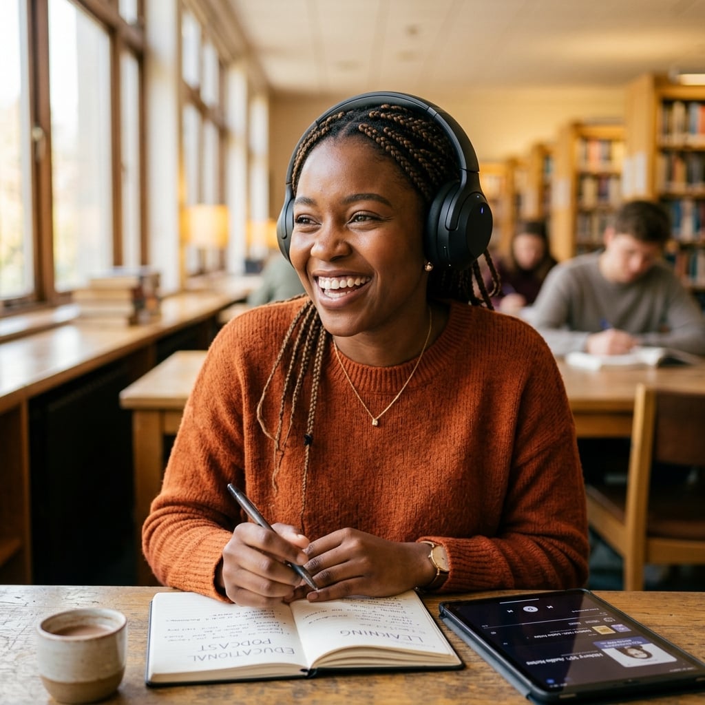 Person wearing headphones enjoying audio learning
