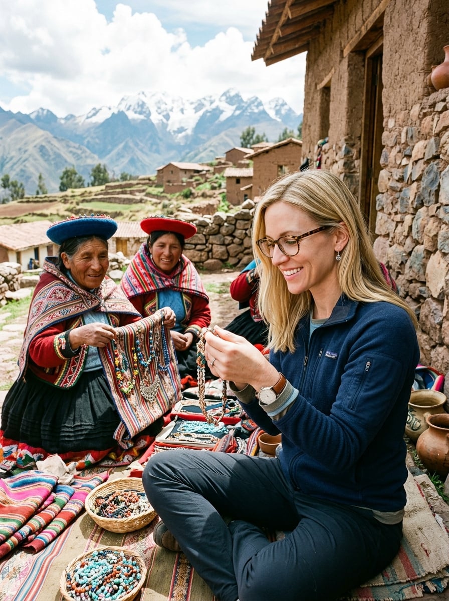 Liz in a mountain village in Peru examining jewelry