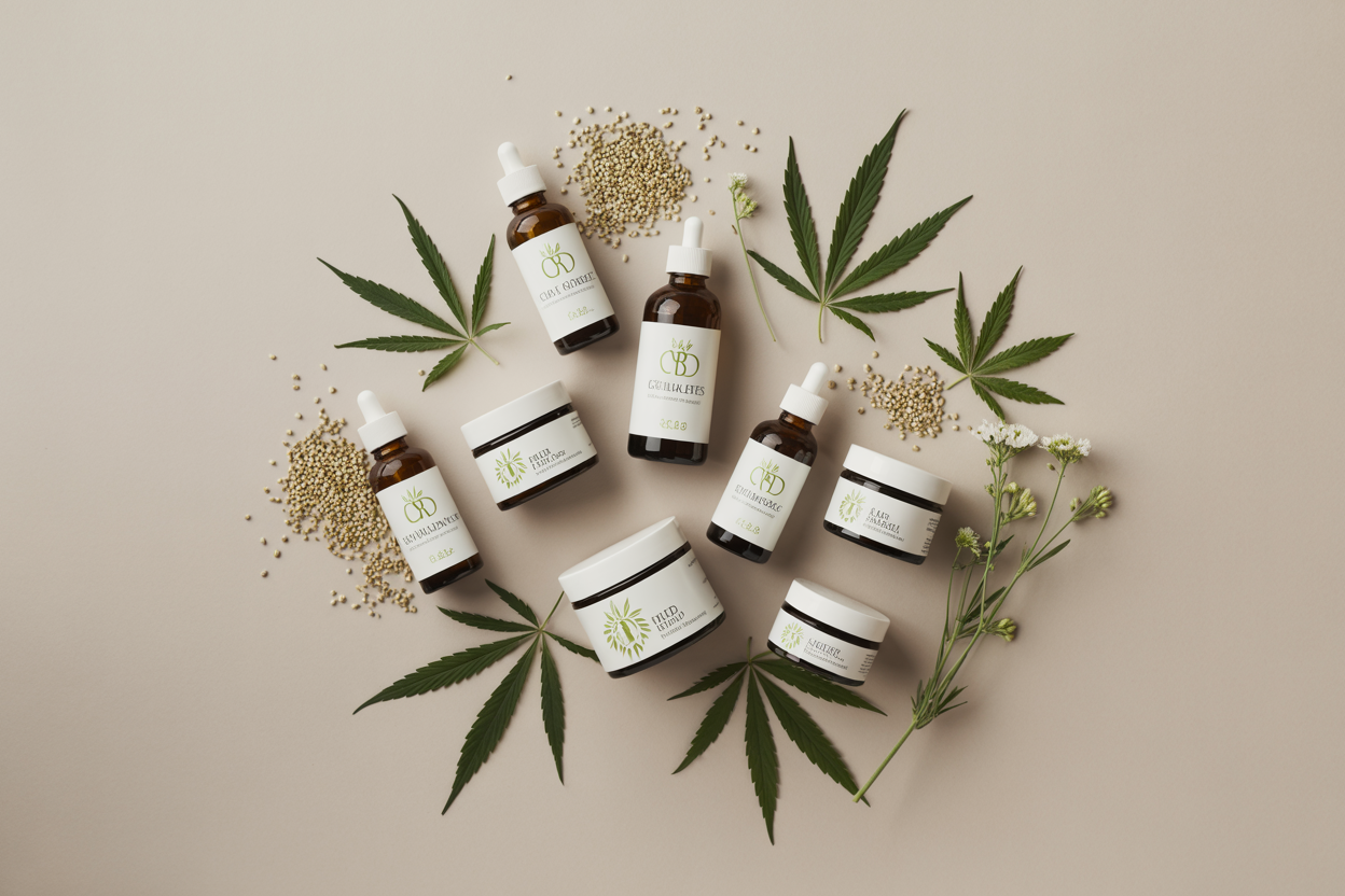 CBD skincare flat lay with hemp leaves and natural ingredients - organic acne care