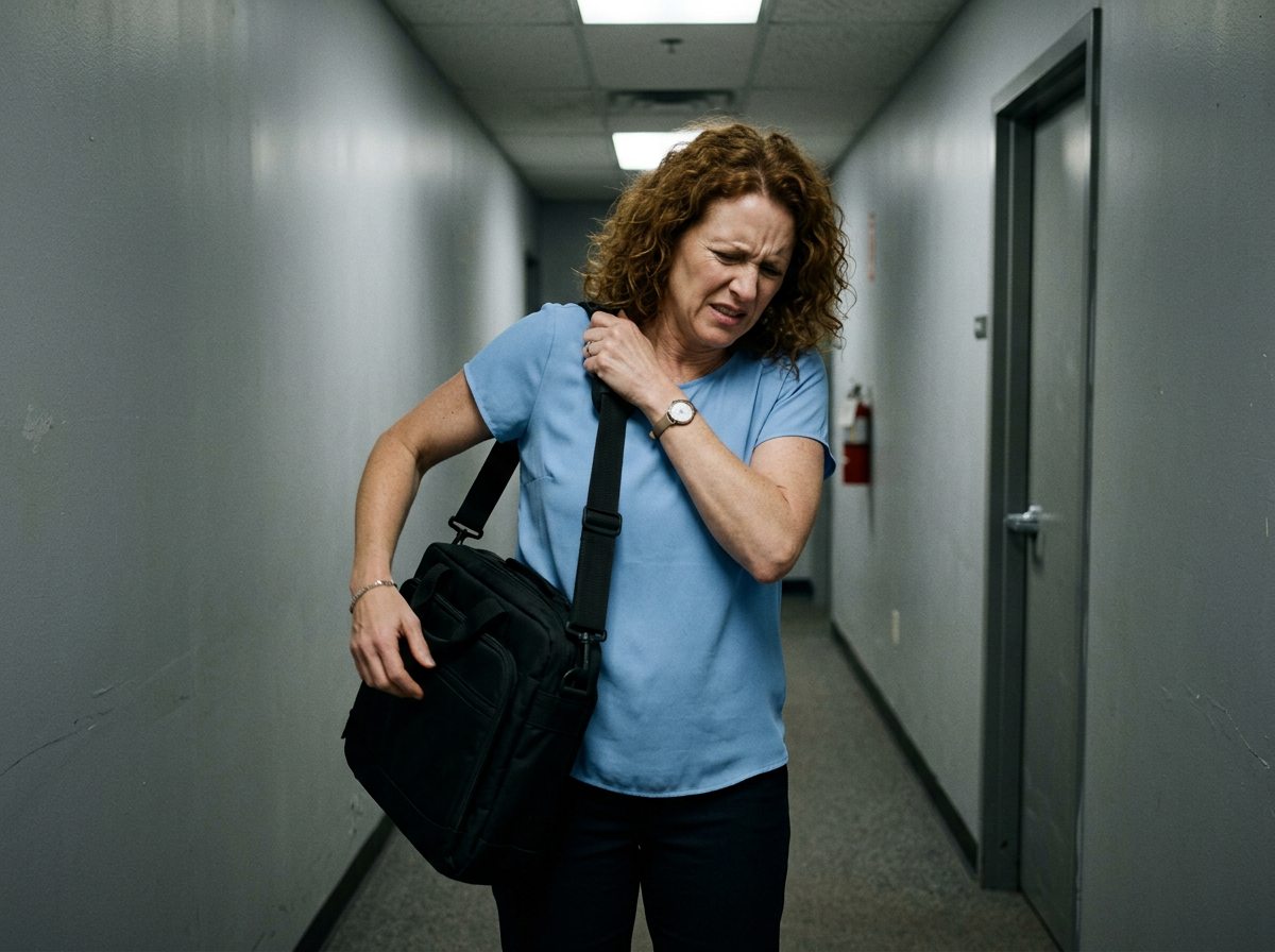 A white woman veteran struggling to carry a laptop bag on her affected shoulder, having to switch sides because the strap pressure on the collarbone is unbearable