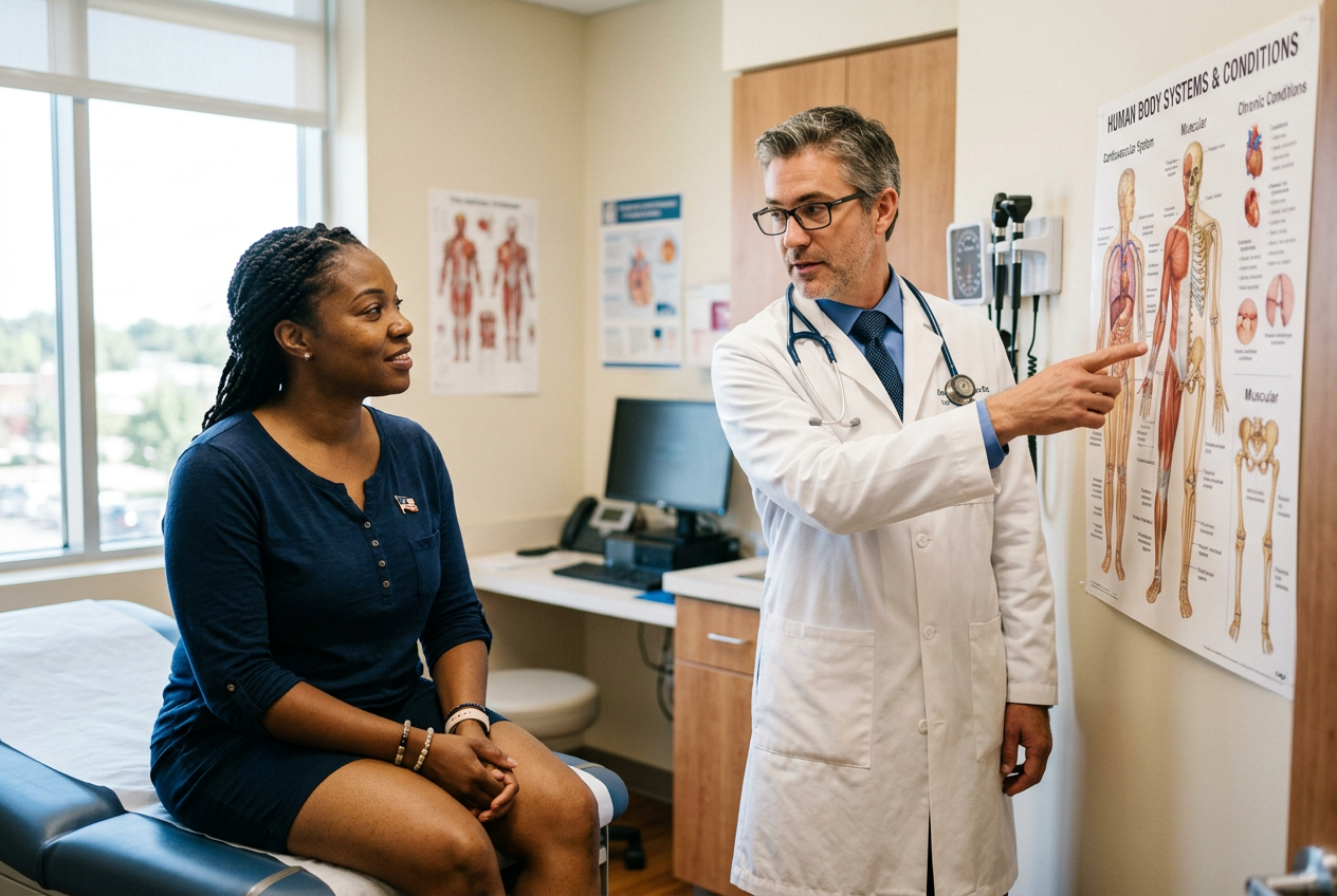 A veteran discussing linked health conditions with a doctor in a clinic