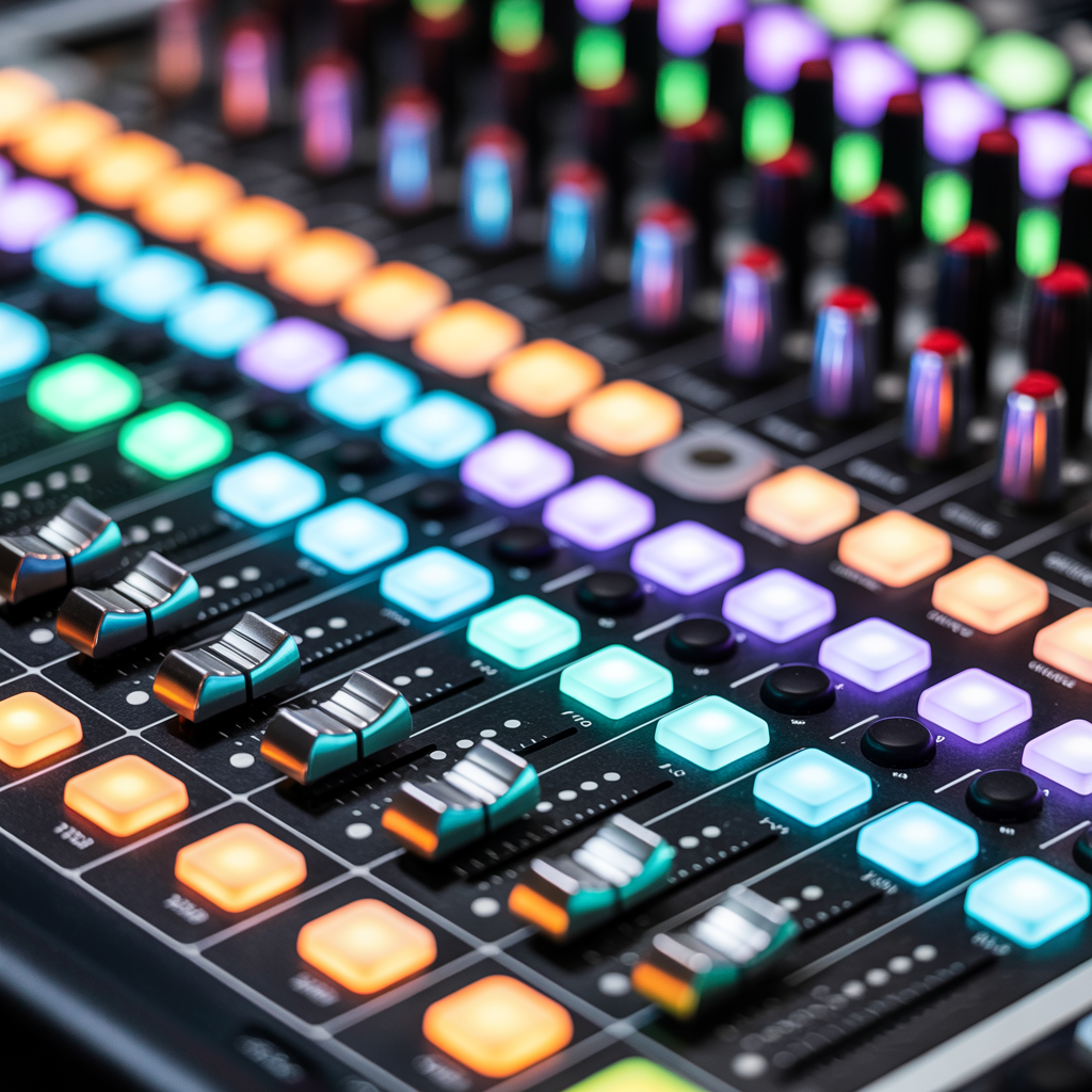 Professional sound mixing board with colorful LED indicators in a recording studio
