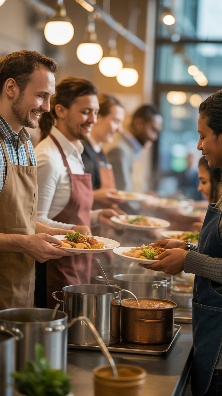 Volunteers serving hot meals at soup kitchen