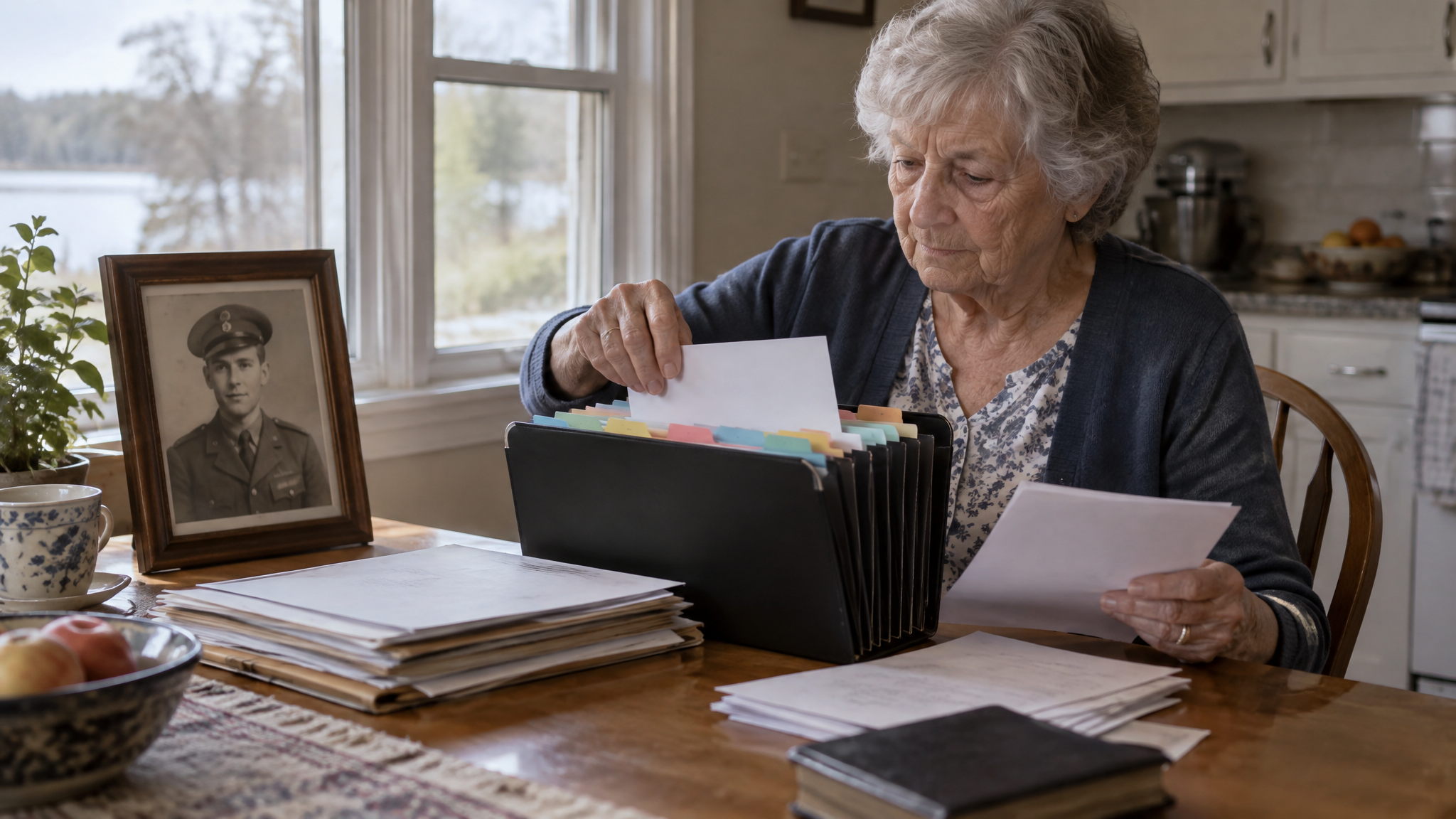 An older woman organizing documents into an accordion file beside a photo of her husband in uniform