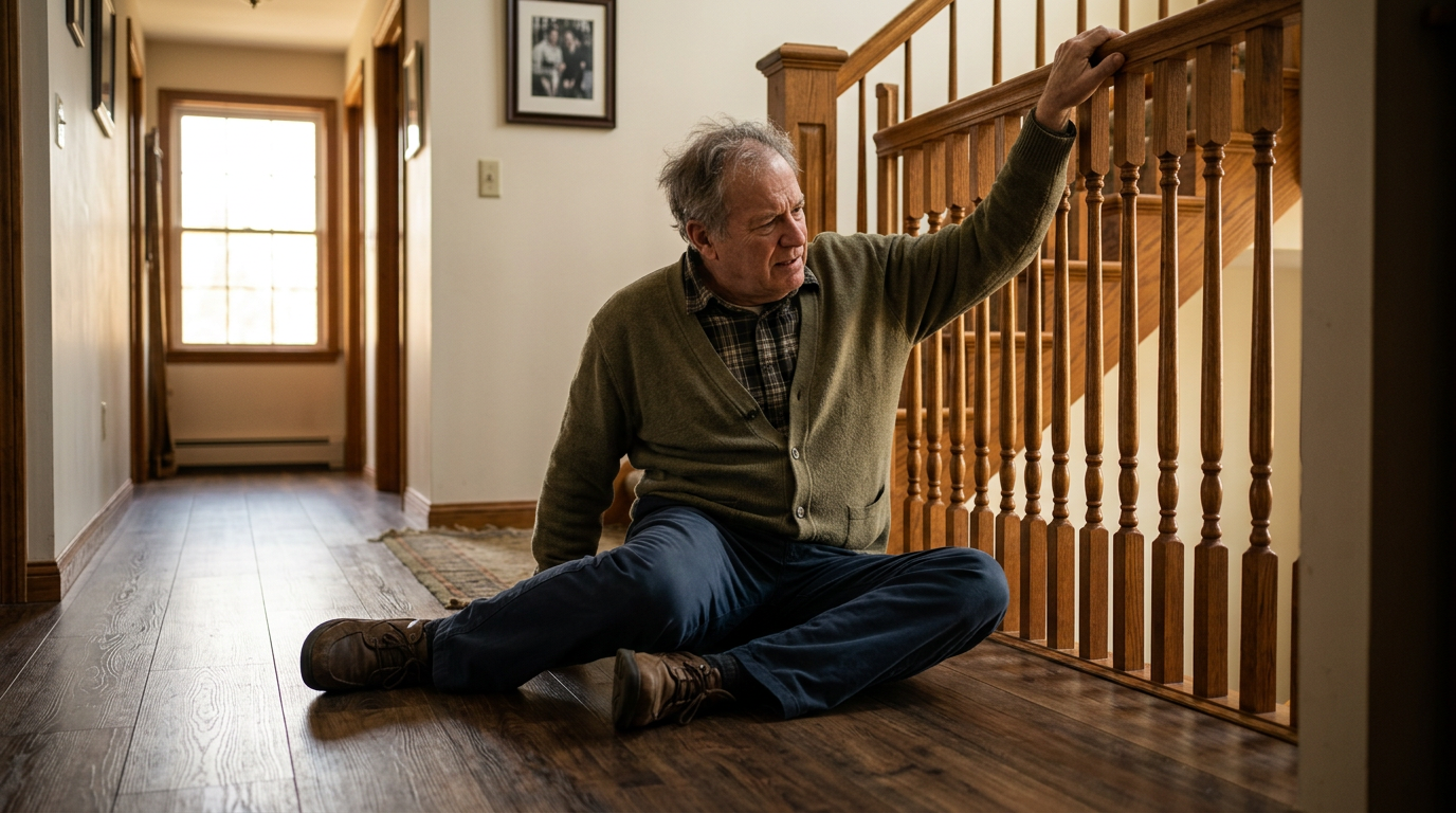Photograph of an older veteran who has fallen near a staircase, sitting on the floor reaching for the railing with stiff legs splayed