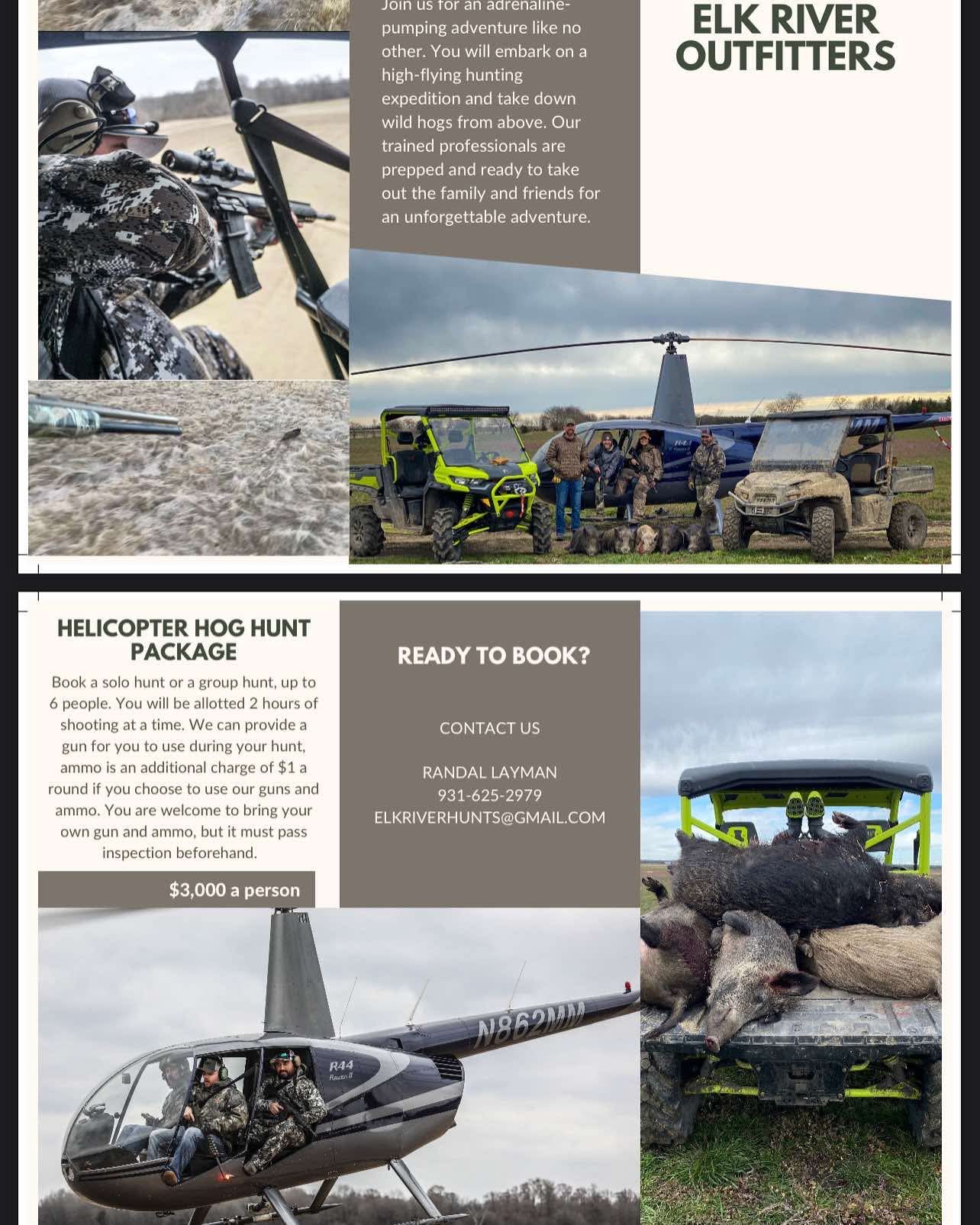Elk River Outfitters helicopter hog hunt package flyer
