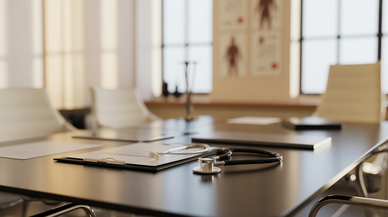 Modern medical consultation room with legal and medical documents on a sleek conference table