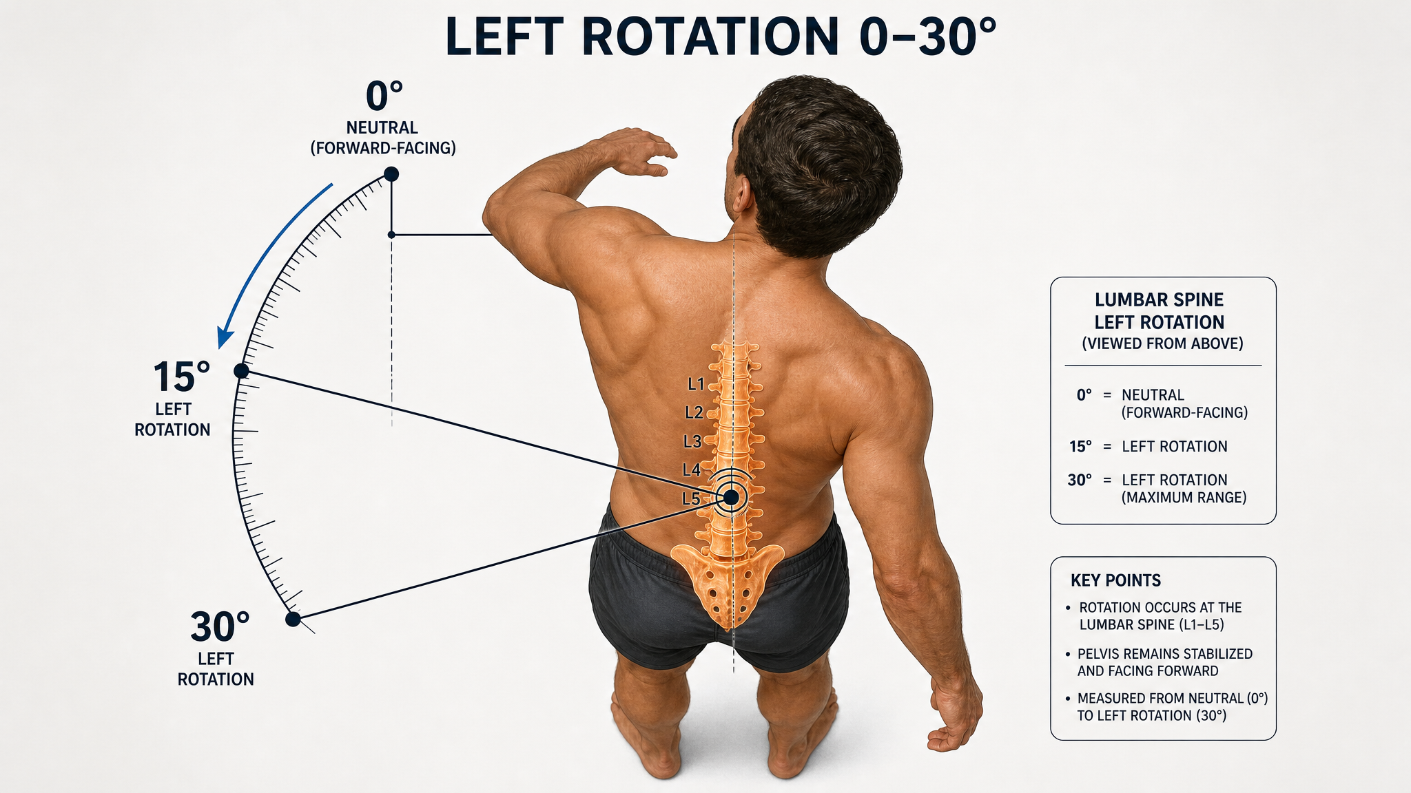 Clinical illustration of left lumbar rotation viewed from above — a male figure twisting the trunk to the left with the pelvis stabilised, the L1–L5 spine and sacrum overlaid and a goniometer protractor arc measuring the angle