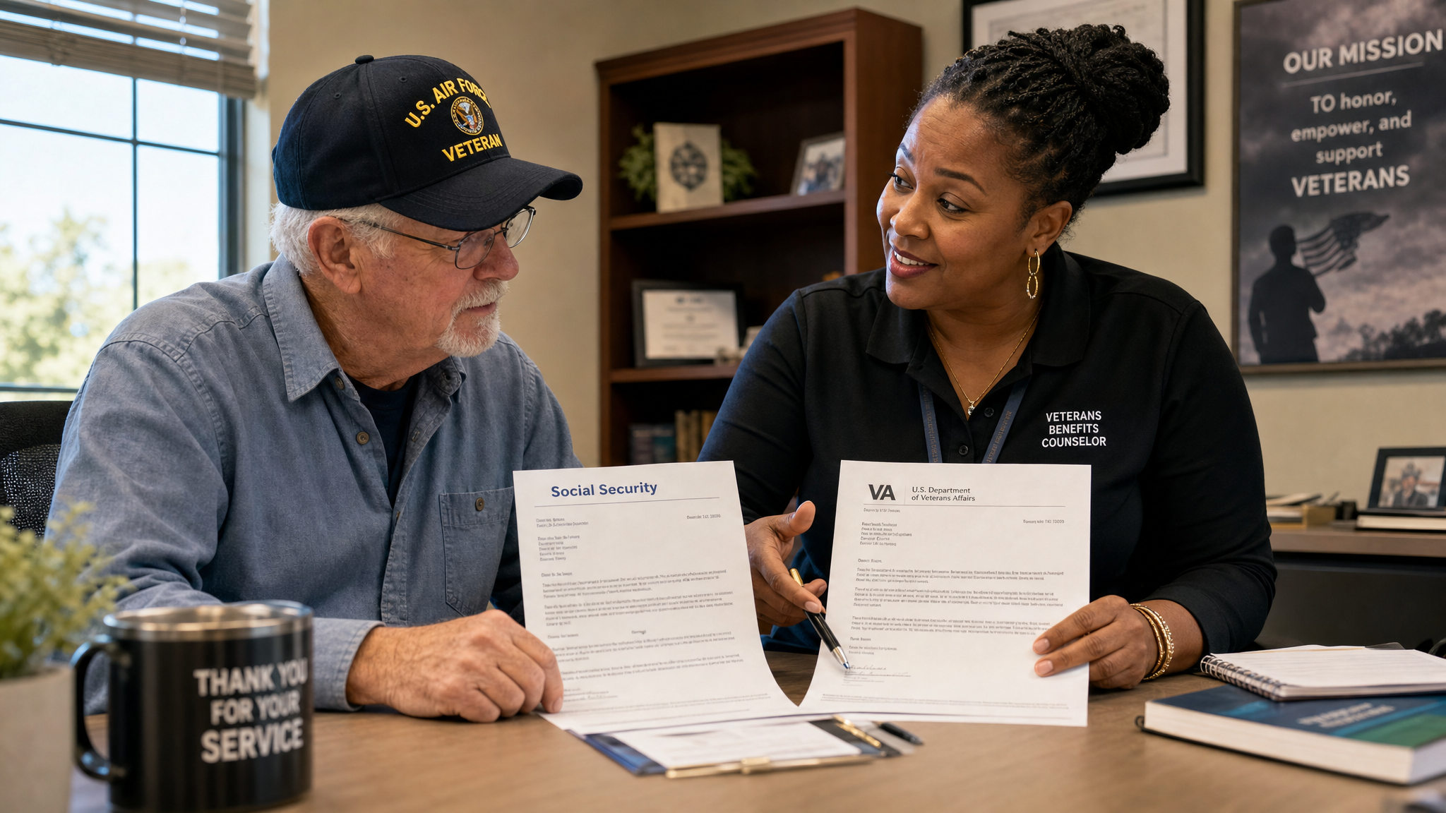 A white male veteran meeting with a Black female Social Security counselor to coordinate his VA and Social Security benefits
