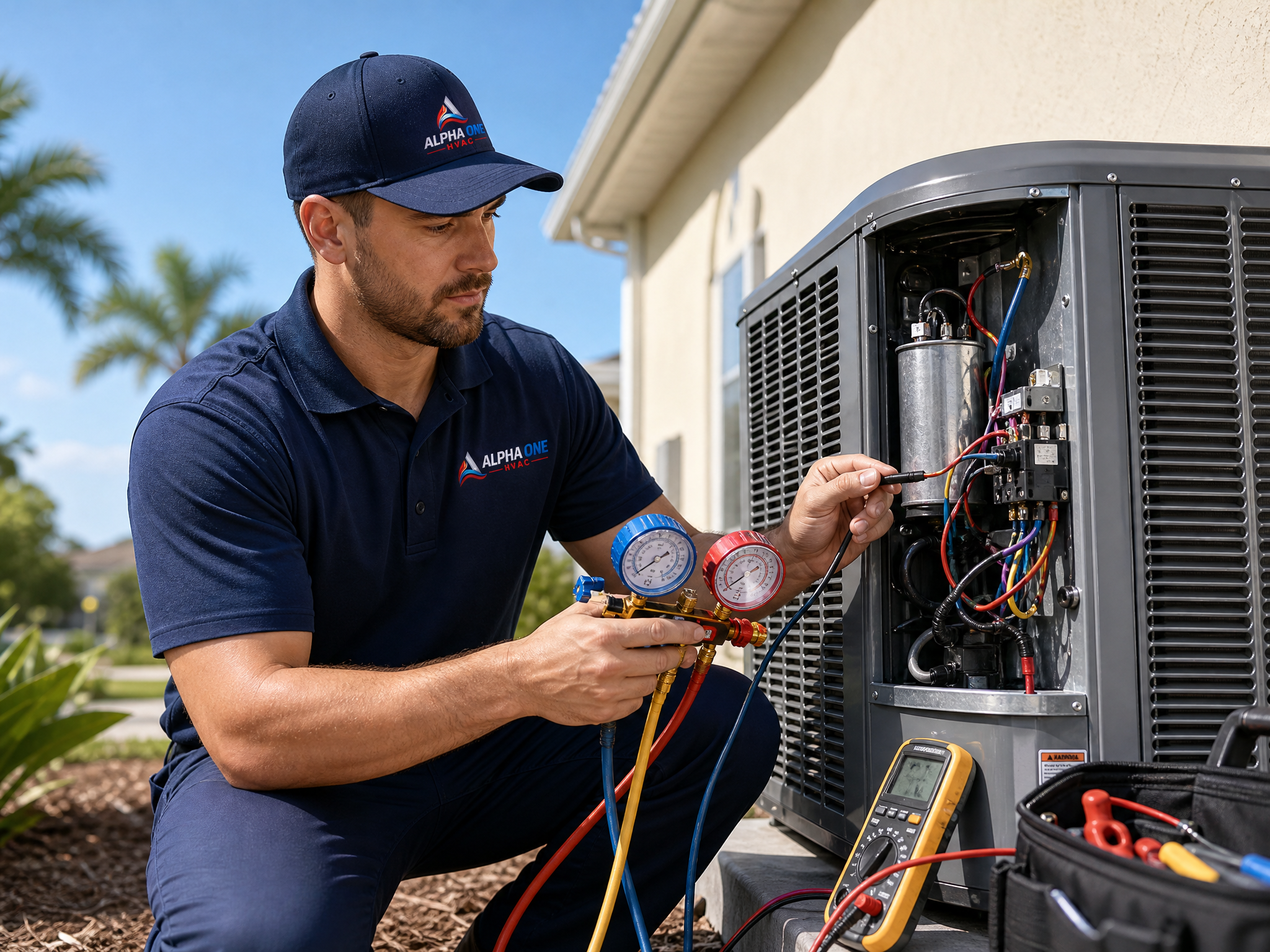 HVAC technician diagnosing and repairing an air handler with manifold gauges