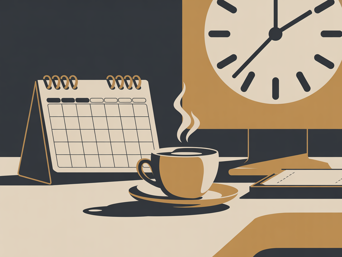 Minimalist desk with a calendar, planner, and coffee cup