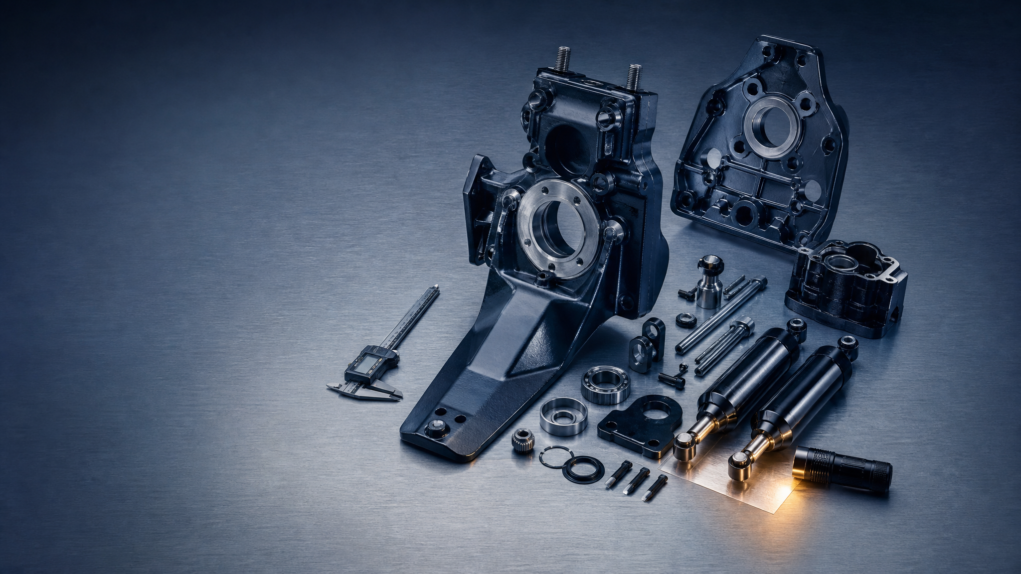 Alpha One Gen II transom assembly components arranged for fitment identification in a marine workshop
