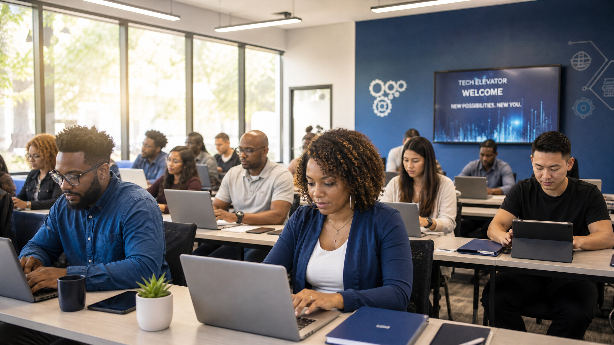 Diverse adult learners working on laptops in a modern AI training classroom in Sacramento
