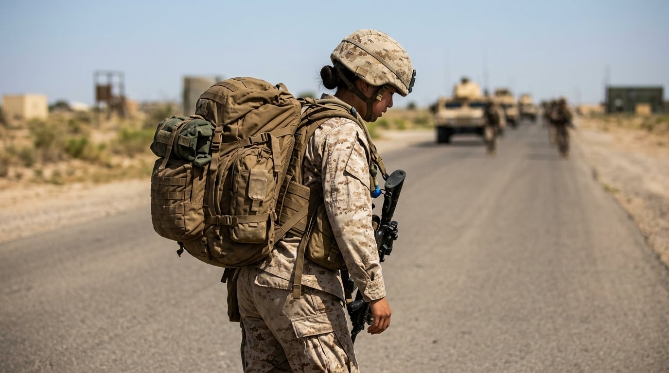 A woman soldier on a long road march under a heavy pack