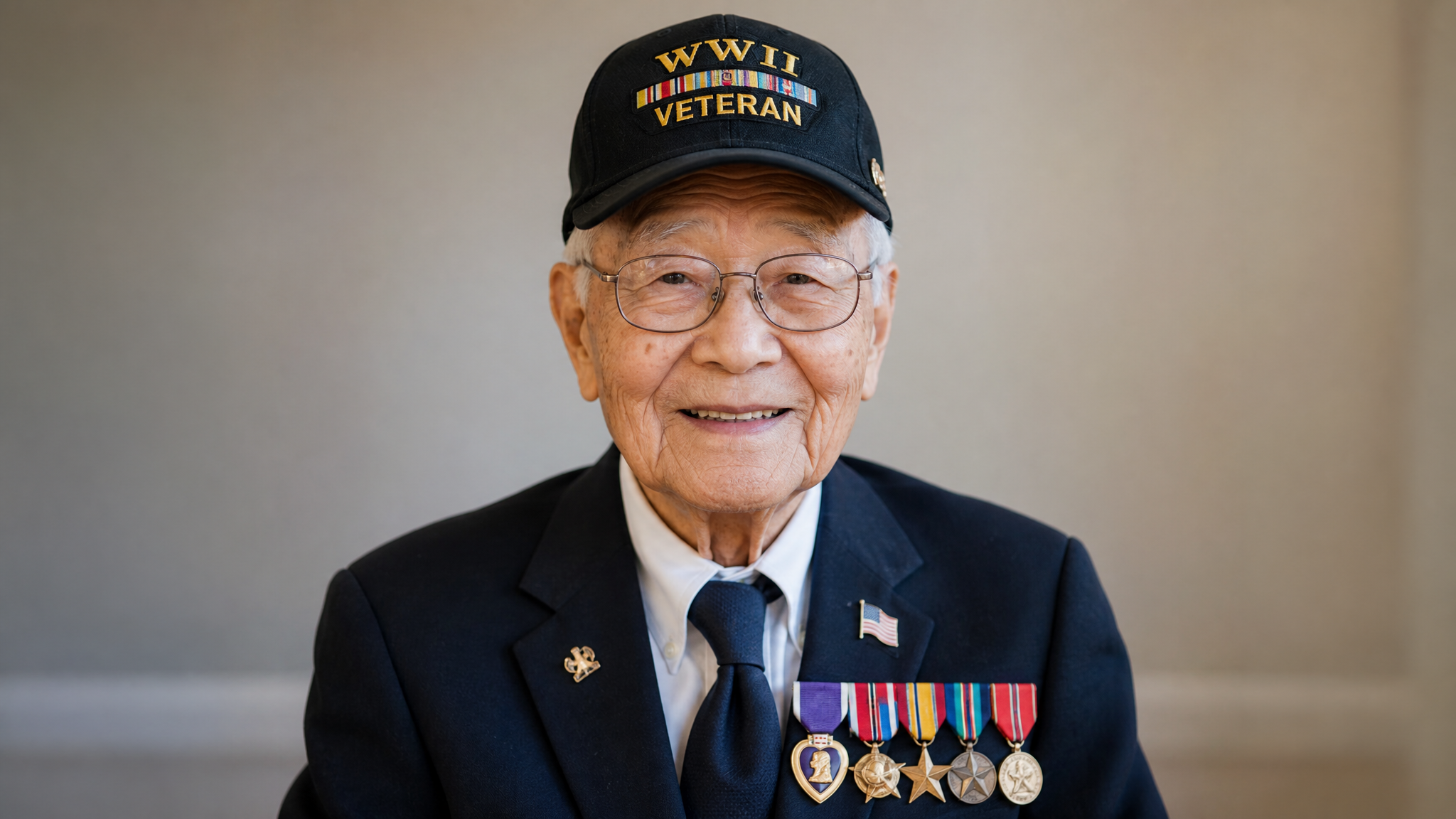 A proud East Asian American WWII veteran in his late 90s wearing a WWII Veteran ball cap with medals