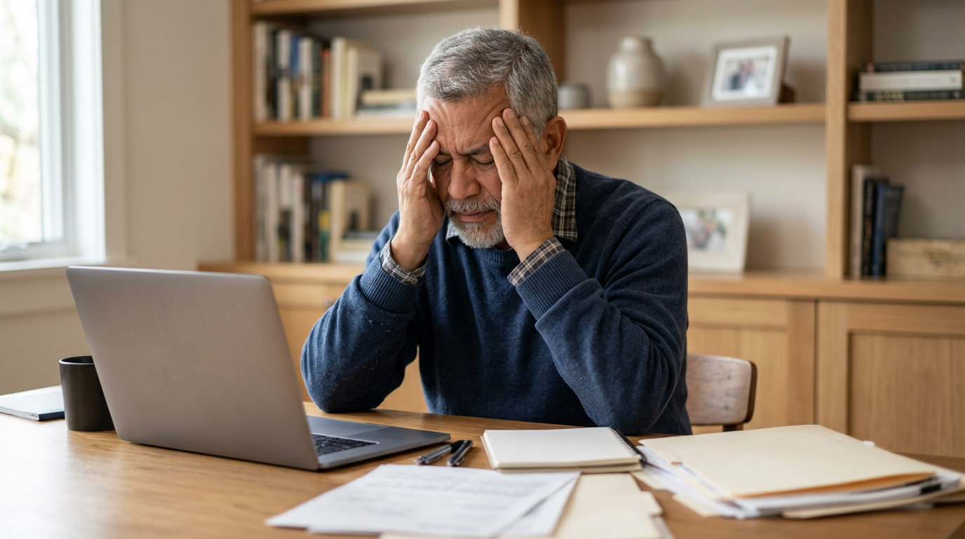 Hispanic male veteran in his sixties at a home desk holding his head, unable to focus due to cognitive brain fog