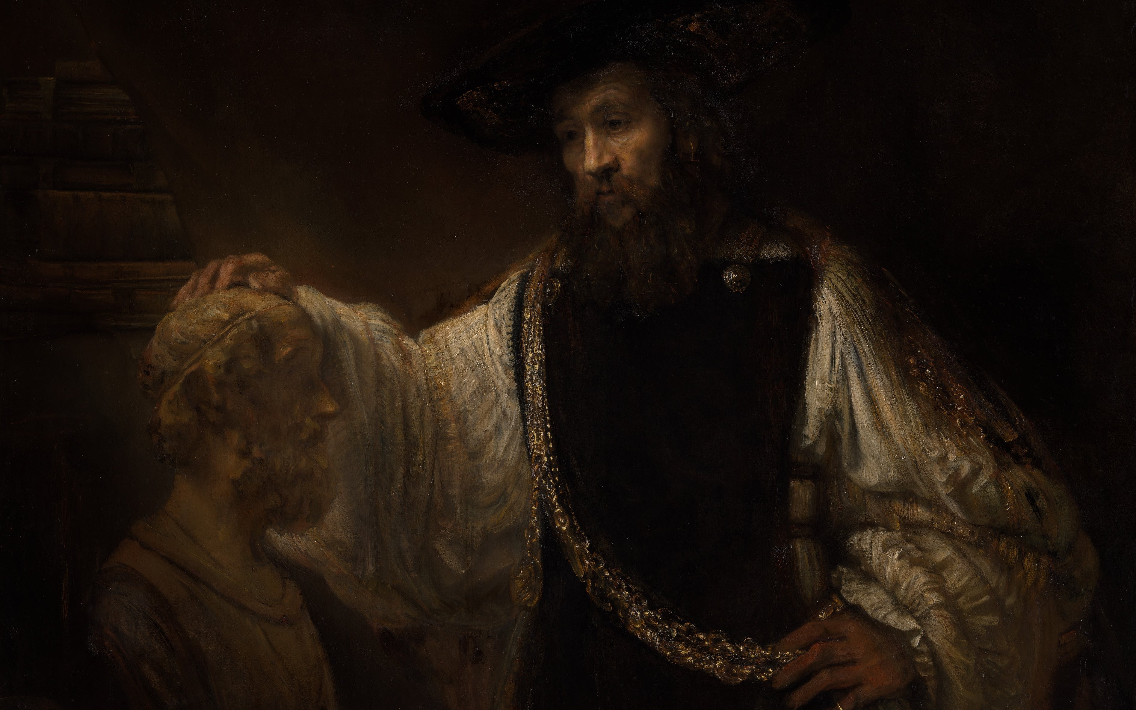 Rembrandt’s Aristotle in golden light resting a hand on a bust of Homer