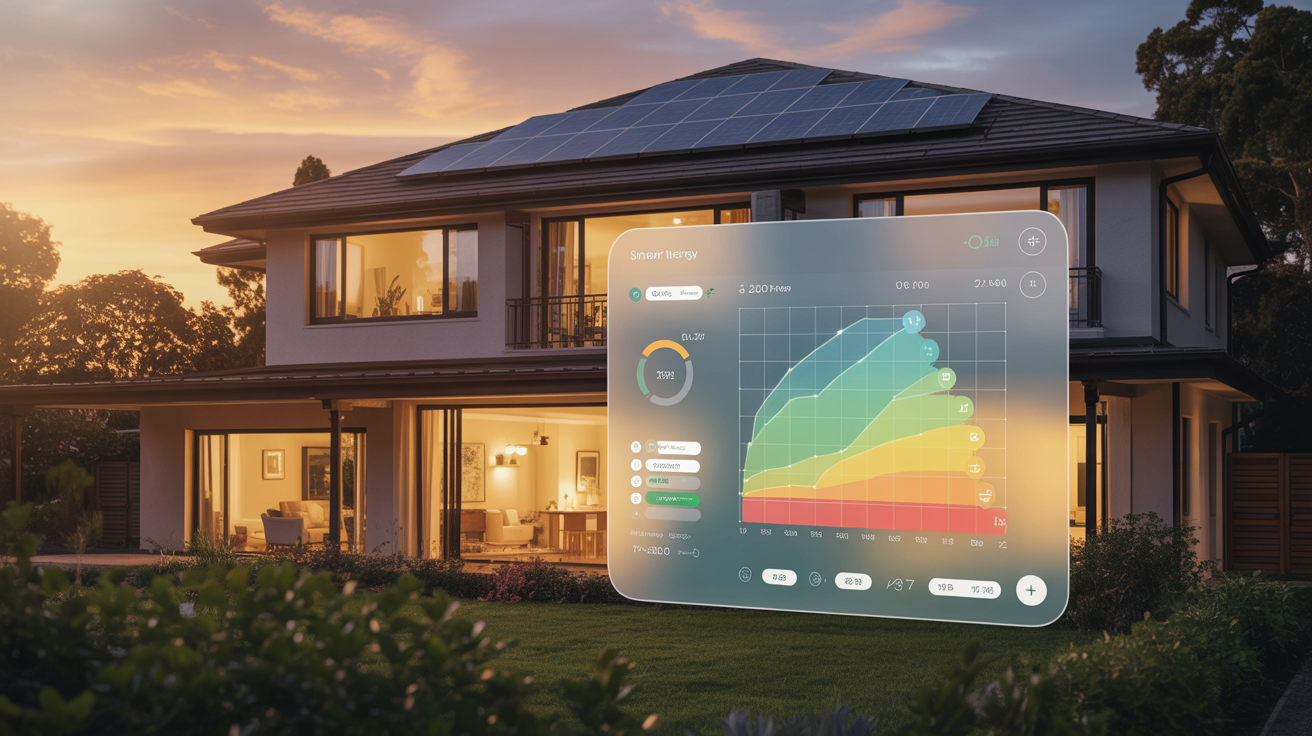 Moderní dům se solárními panely a chytrým energetickým dashboardem