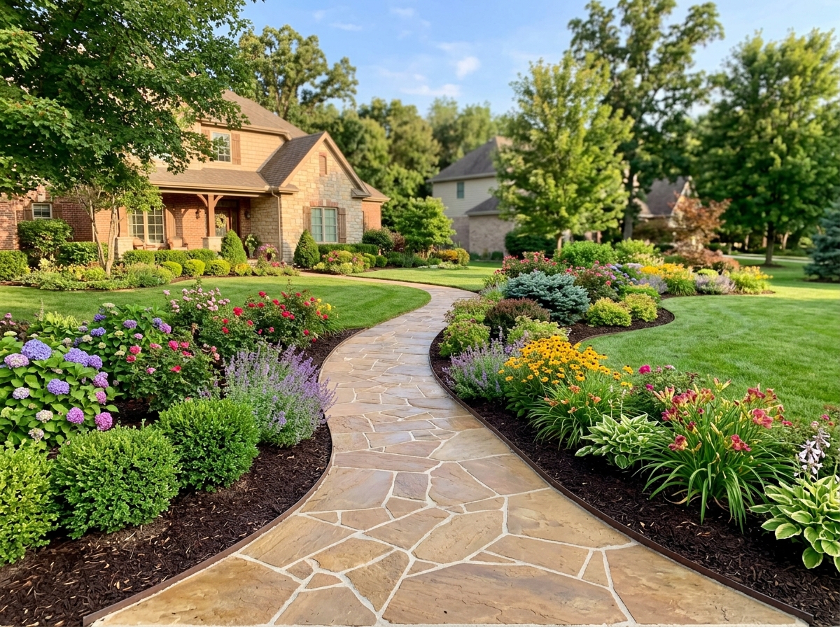 Curved concrete walkway through beautifully landscaped yard