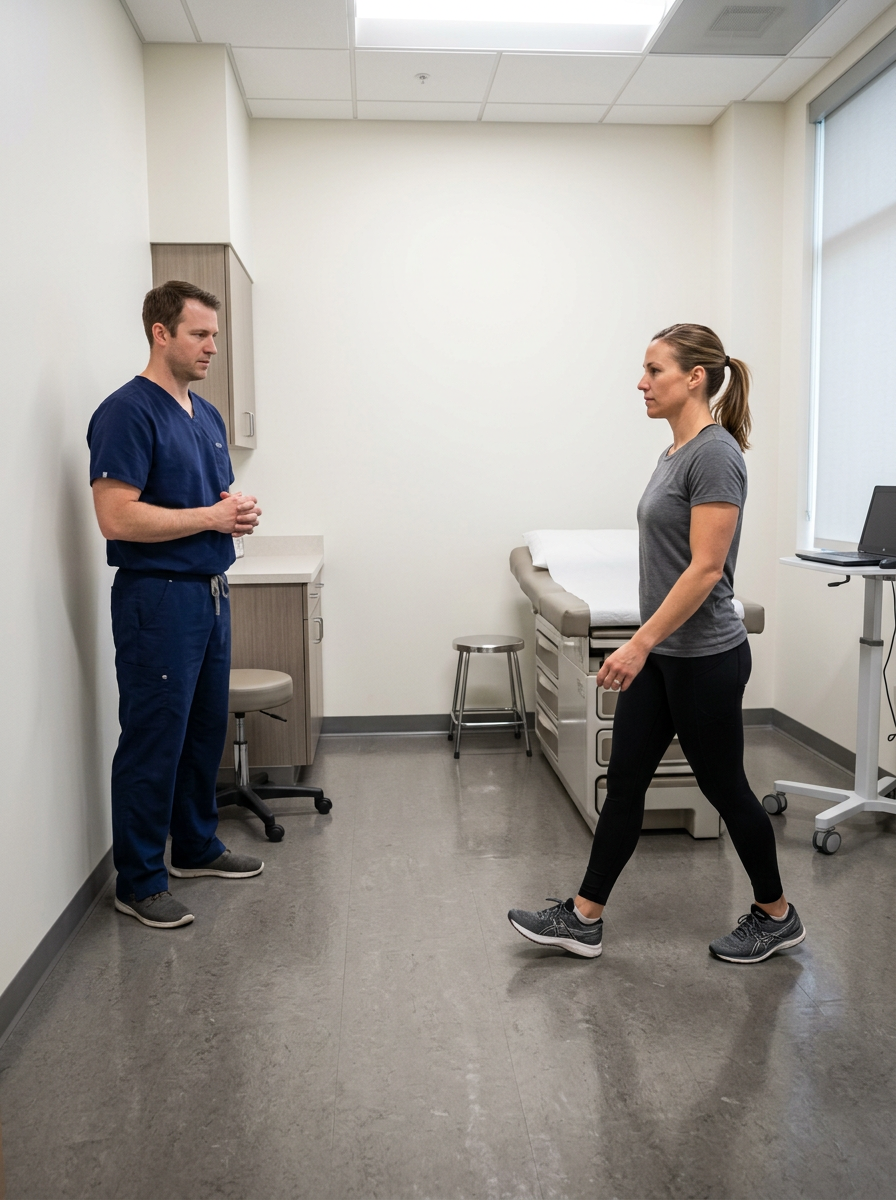 Male clinician observing a female veteran patient walking across an exam room assessing gait and hip flexion during stride