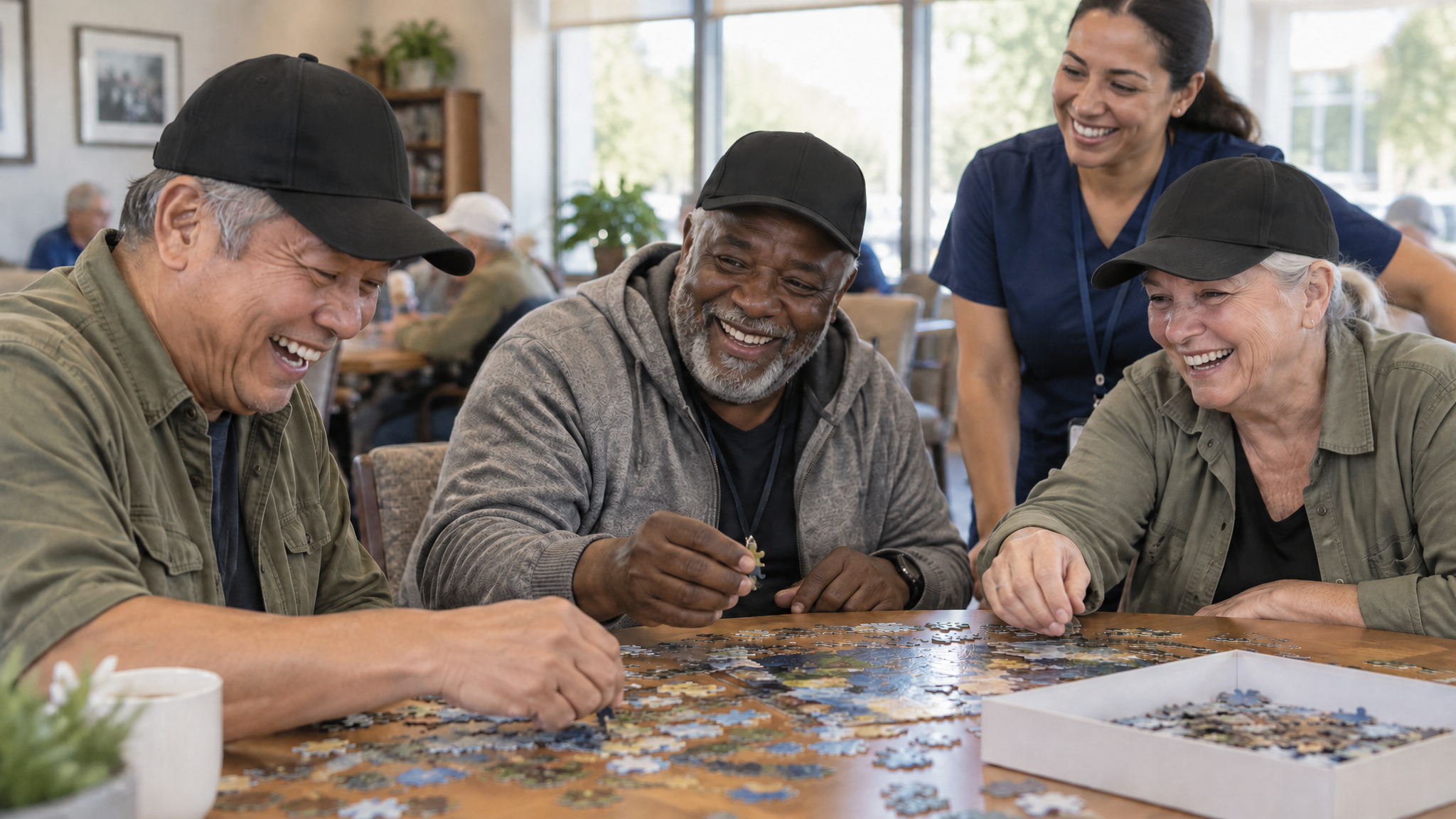 Three veterans laughing while doing a jigsaw puzzle together at an adult day health center