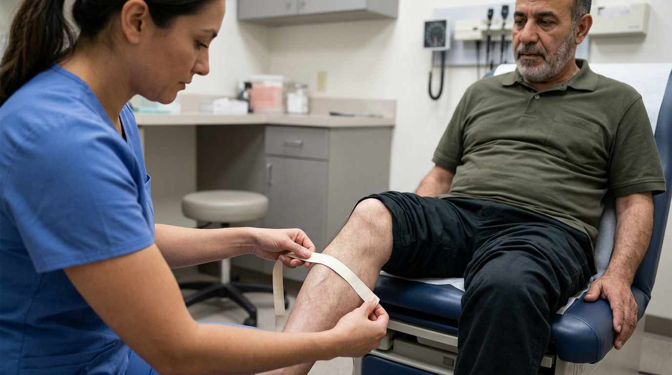 Clinician wrapping a plain measuring tape around the calf of a Middle Eastern male veteran in his 60s to document muscle atrophy