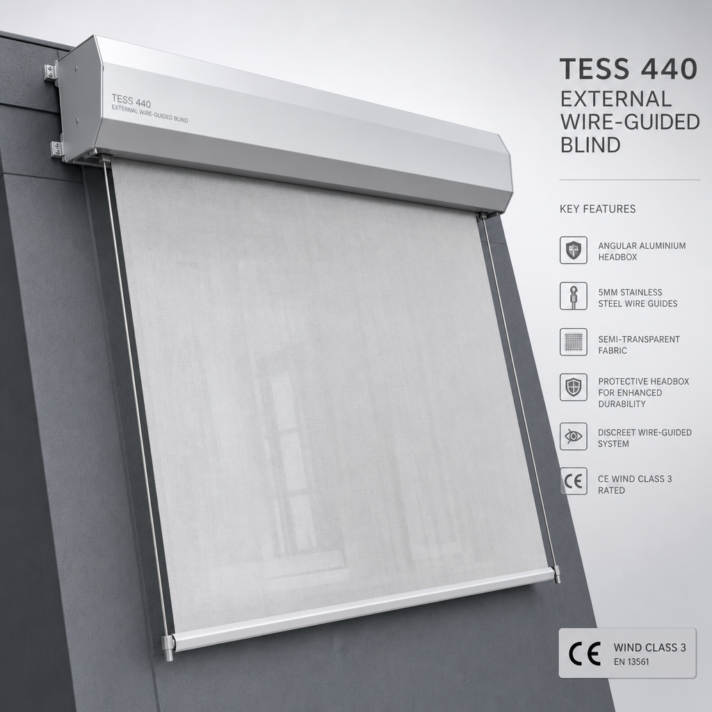 Roller & Tensioned Shades — Guthrie Douglas TESS 440 External Wire-Guided Roller Shade — distributed by Blind Solutions®