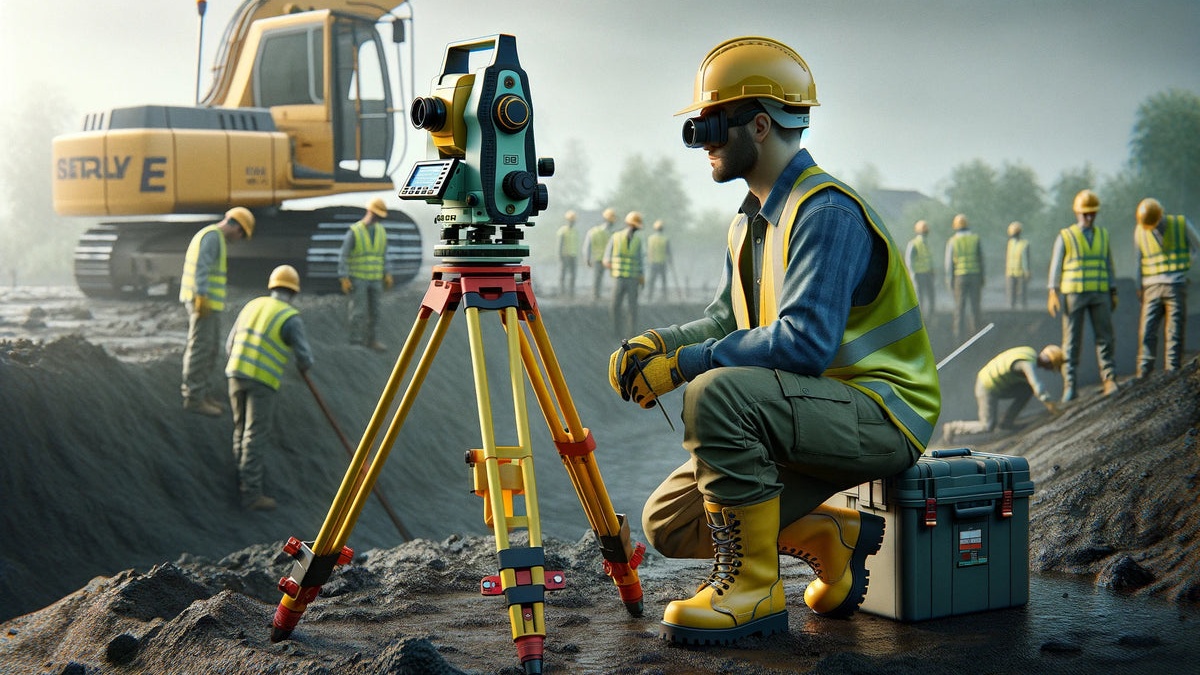 Land surveyor with professional surveying equipment in the field