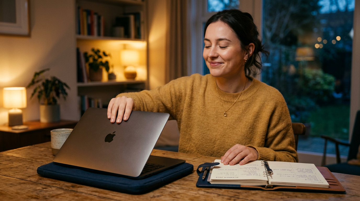 Pessoa fechando laptop com sensação de conclusão do dia