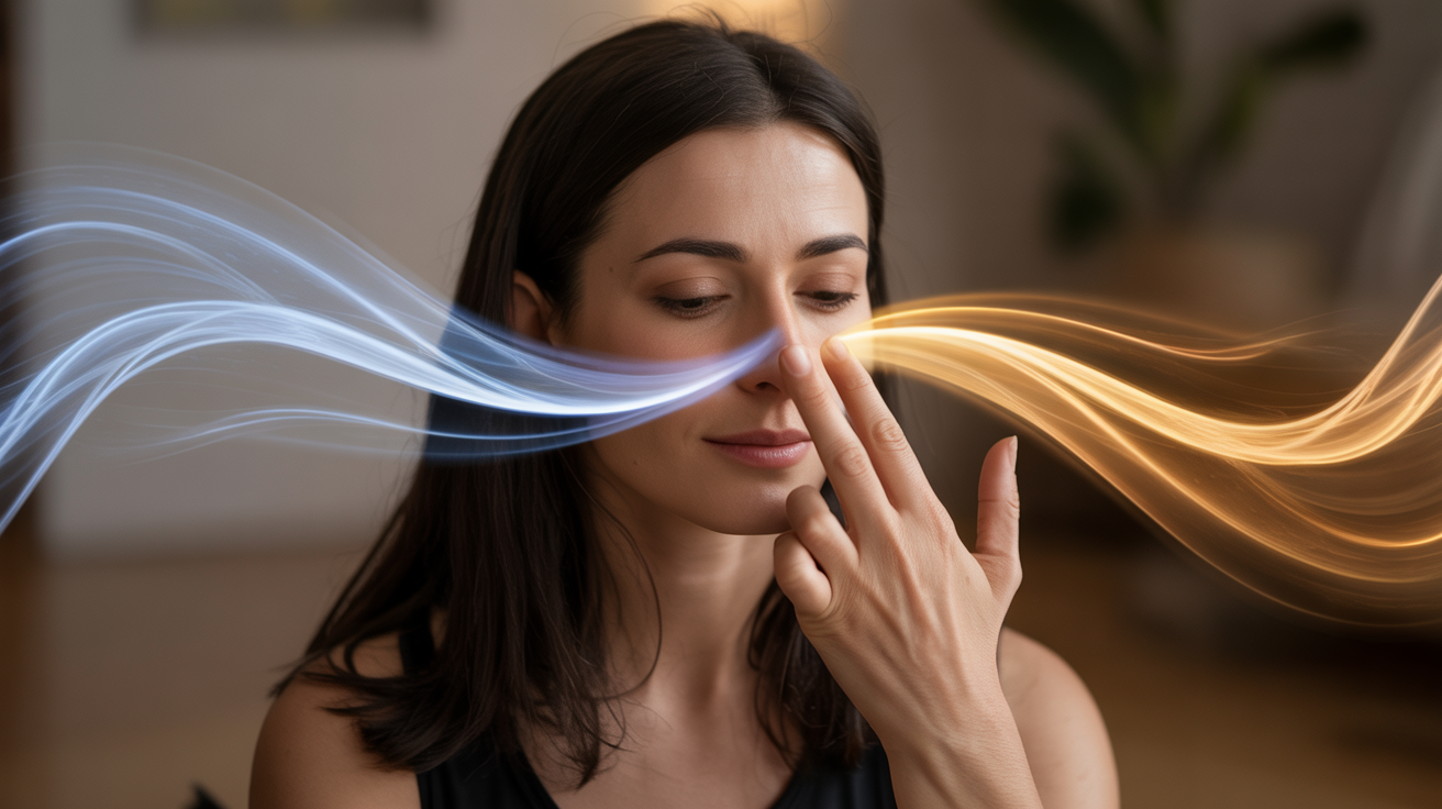 Žena izvodi Nadi Shodhana disanje. Svesnost kroz meditaciju – žena praktikuje svesno disanje fokusirajući pažnju na dah kroz nos, tehnika disanja za smirenje uma i buđenje svesti